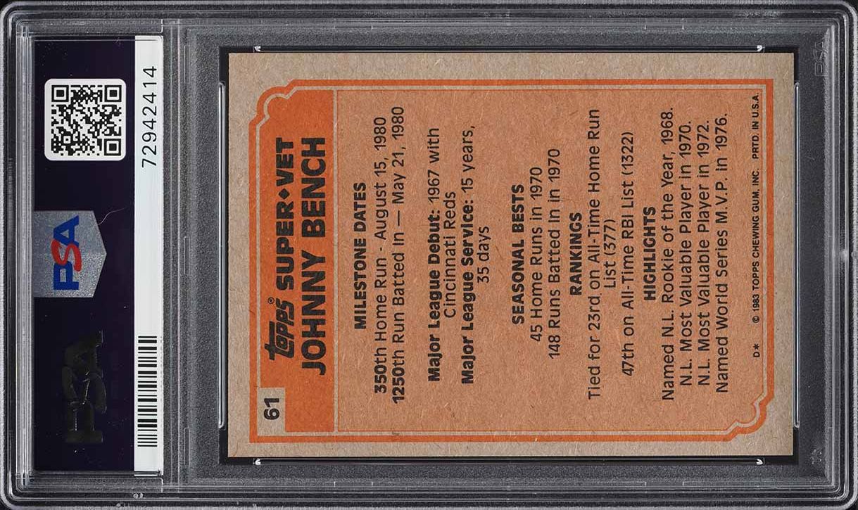 1983 Topps Johnny Bench #61 PSA 9 MINT