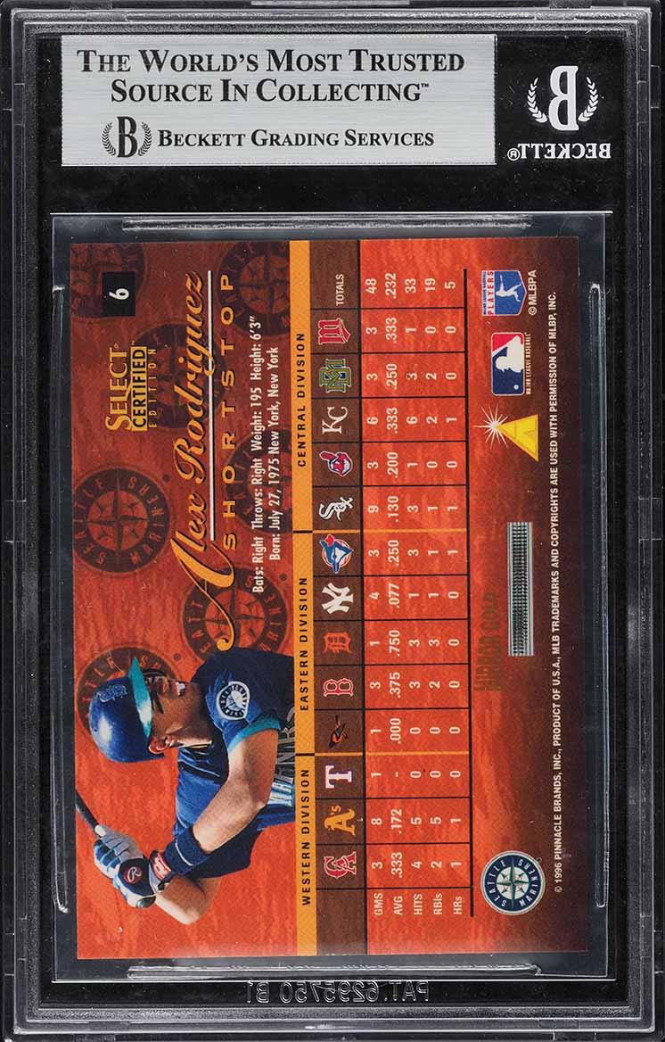 1996 Select Certified Mirror Gold Alex Rodriguez /30 #6 BGS 8 NM