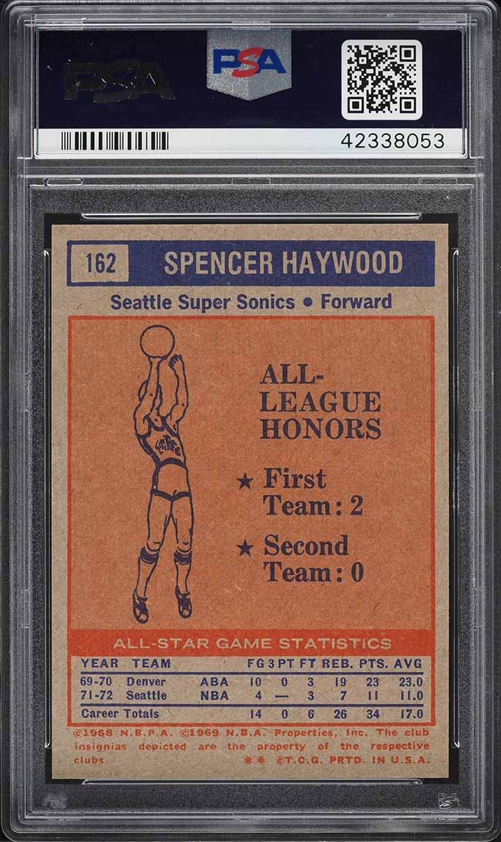 1972 Topps Basketball Spencer Haywood ALL-STAR #162 PSA 8 NM-MT