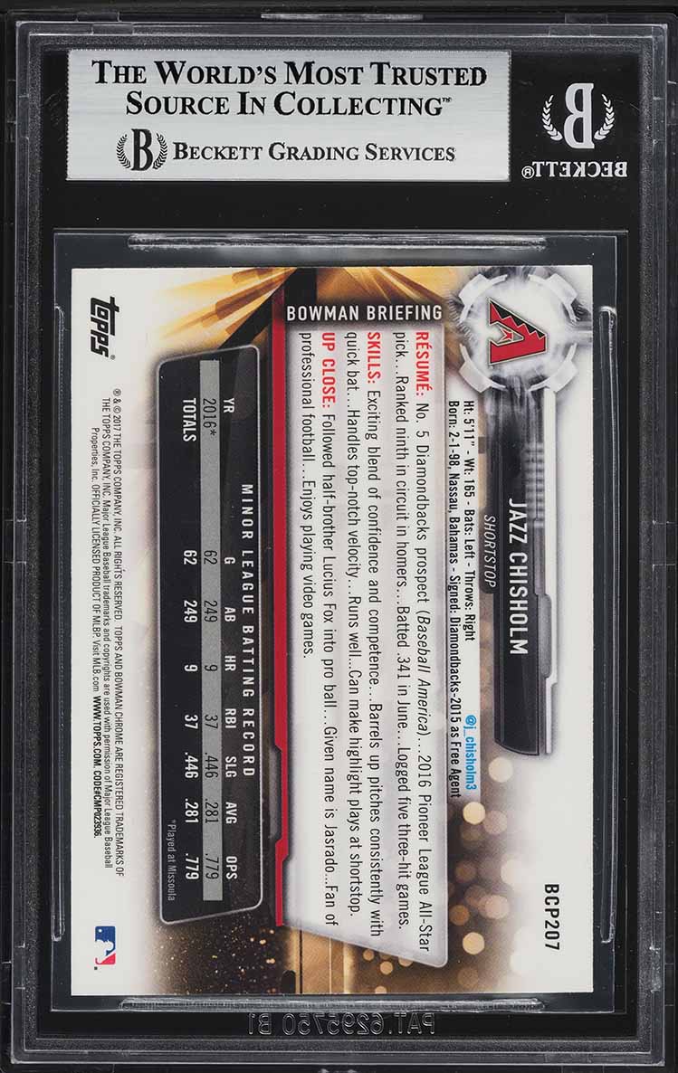 2017 Bowman Chrome Prospects Jazz Chisholm ROOKIE #BCP207 BGS 9 MINT