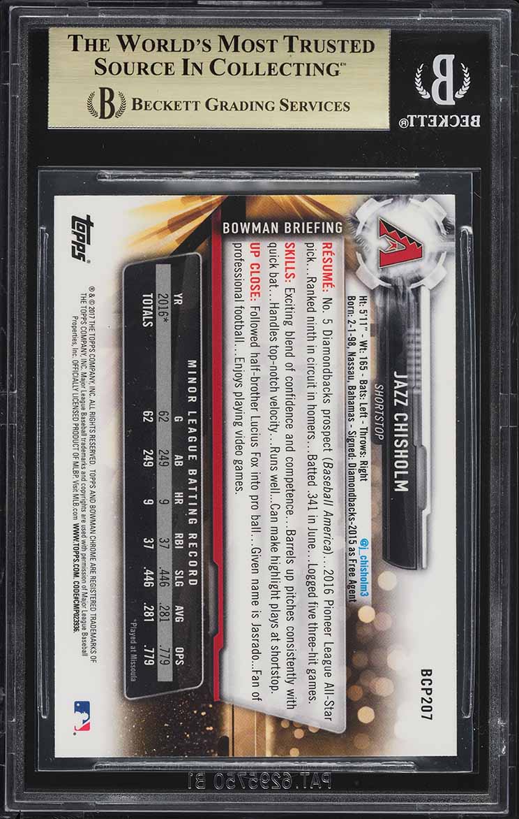 2017 Bowman Chrome Prospects Jazz Chisholm ROOKIE #BCP207 BGS 9.5 GEM MINT