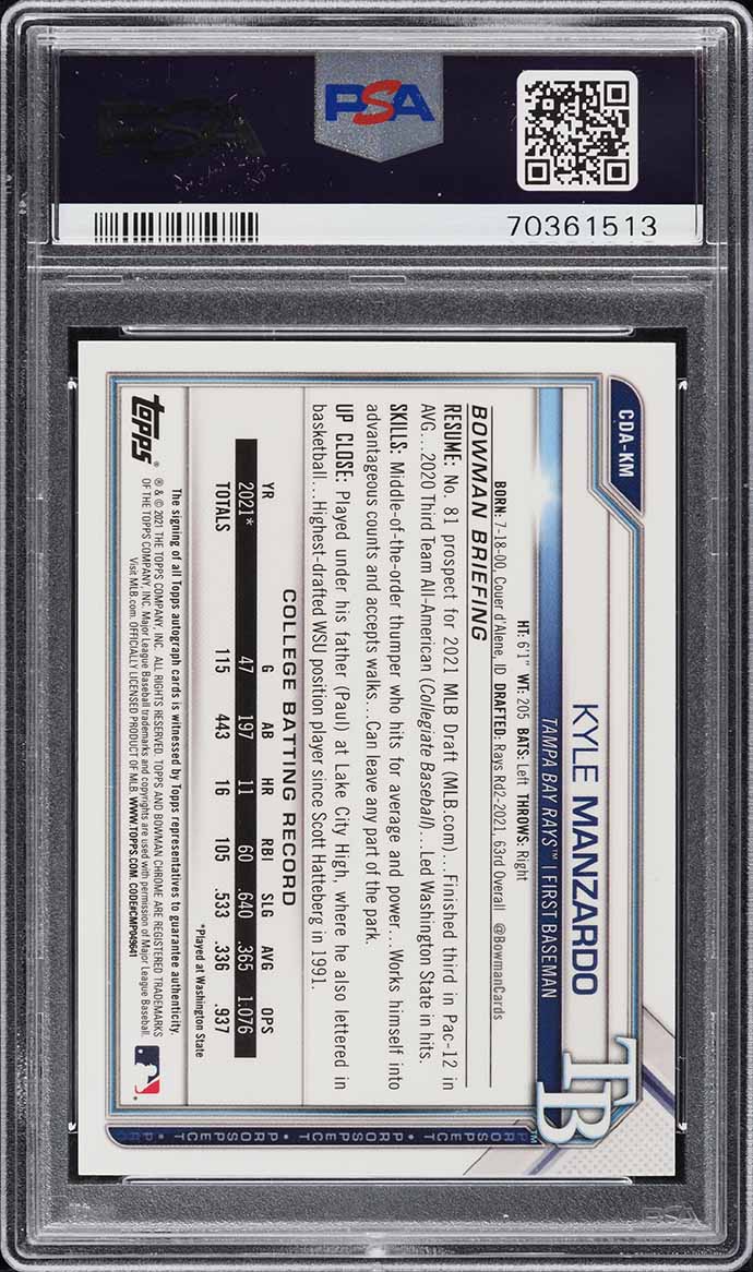 2021 Bowman Chrome Gold Refractor Kyle Manzardo ROOKIE AUTO /50 PSA 10 GEM MINT