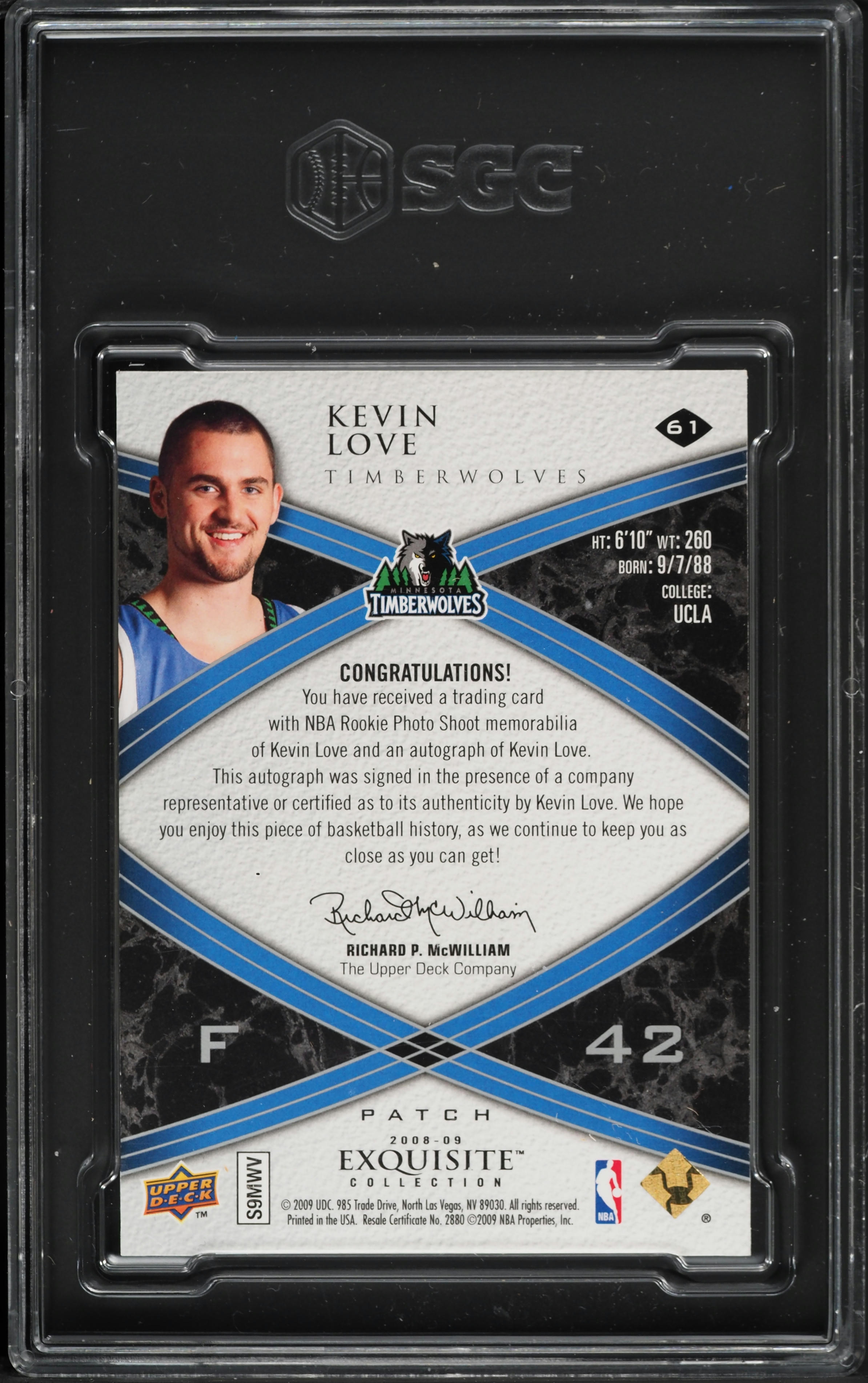 2008 Exquisite Collection Kevin Love ROOKIE PATCH AUTO /225 #61 SGC 8.5 NM-MT+