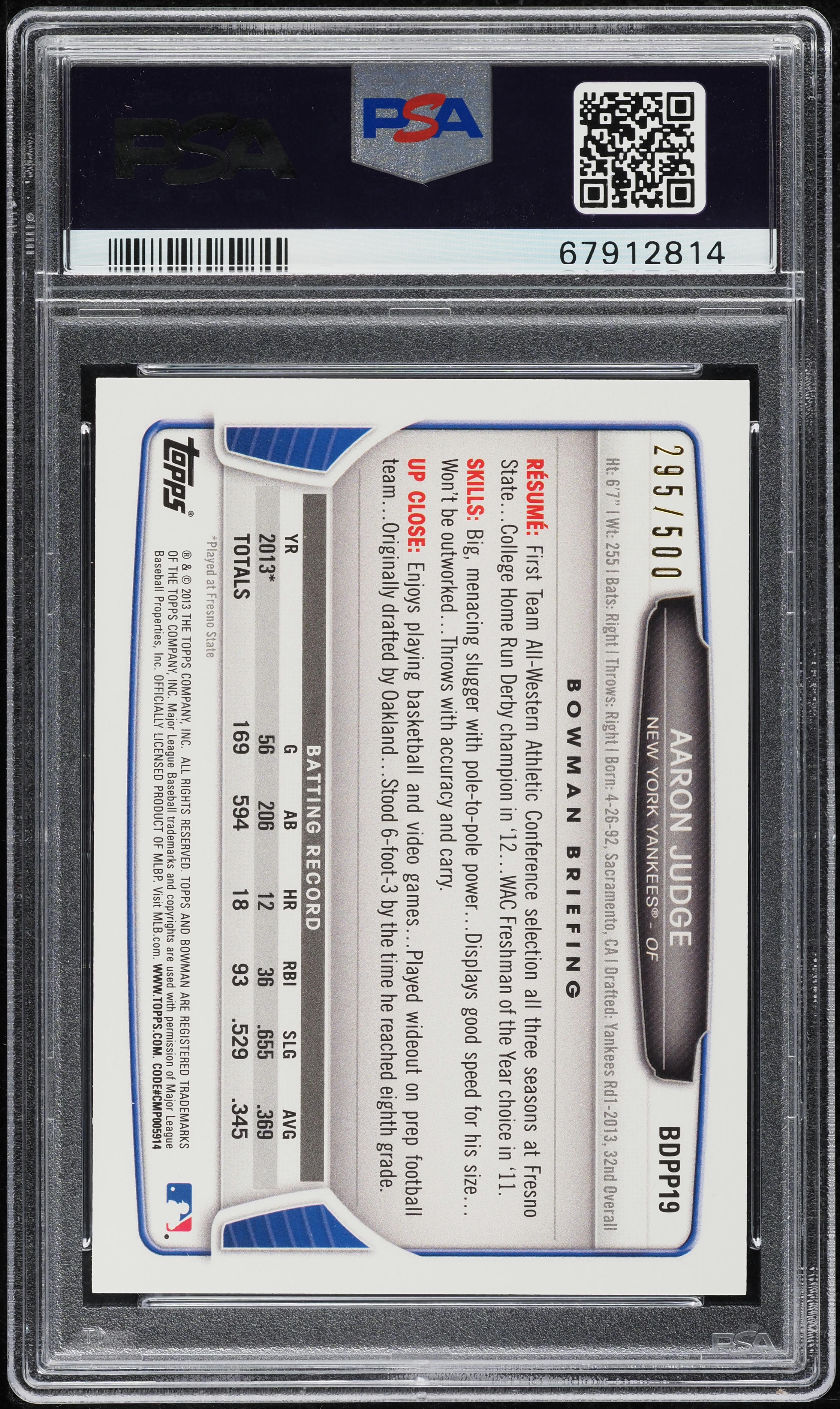 2013 Bowman Draft Blue Aaron Judge ROOKIE /500 #BDPP19 PSA 8 NM-MT
