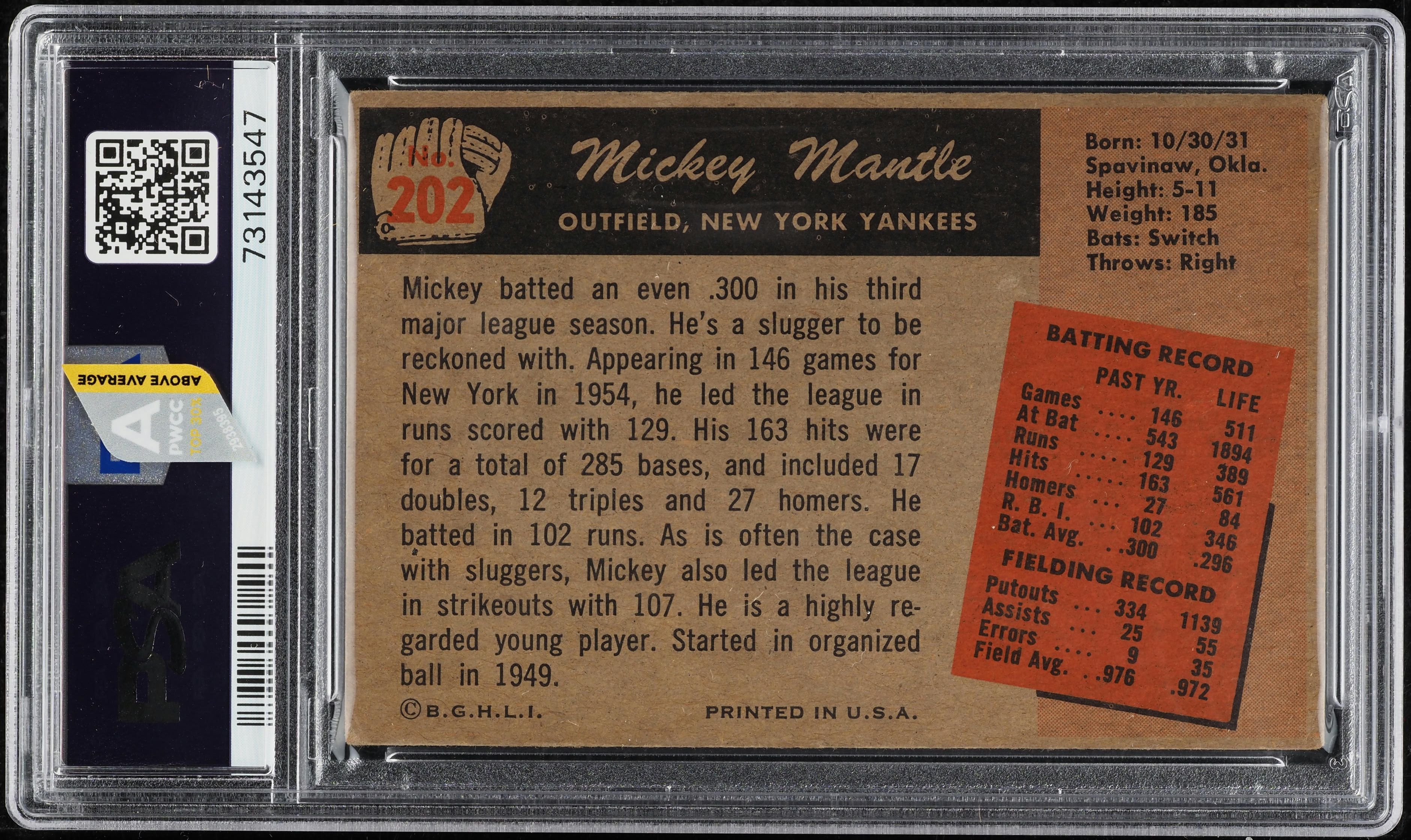 1955 Bowman Mickey Mantle #202 PSA 3 VG (PWCC-A)