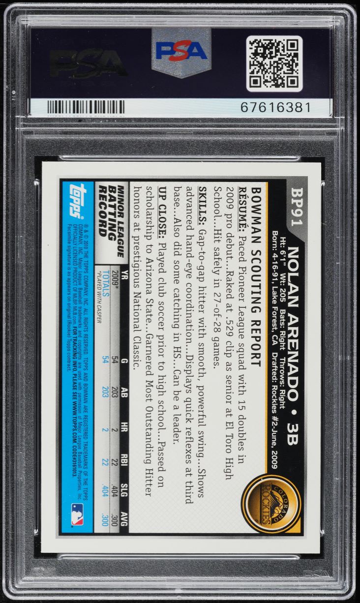 2010 Bowman Prospects Black Border Redemption Nolan Arenado ROOKIE PSA 10 GEM