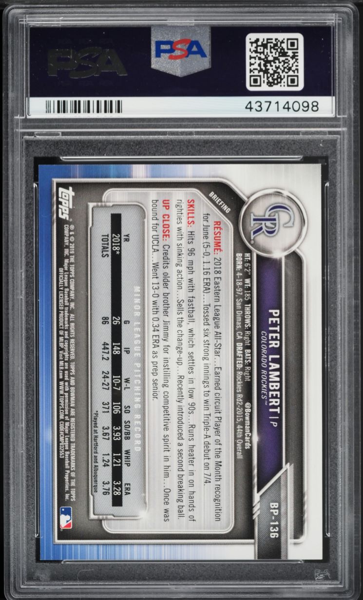 2019 Bowman Paper Prospects Orange Peter Lambert ROOKIE /25 #BP136 PSA 10 GEM