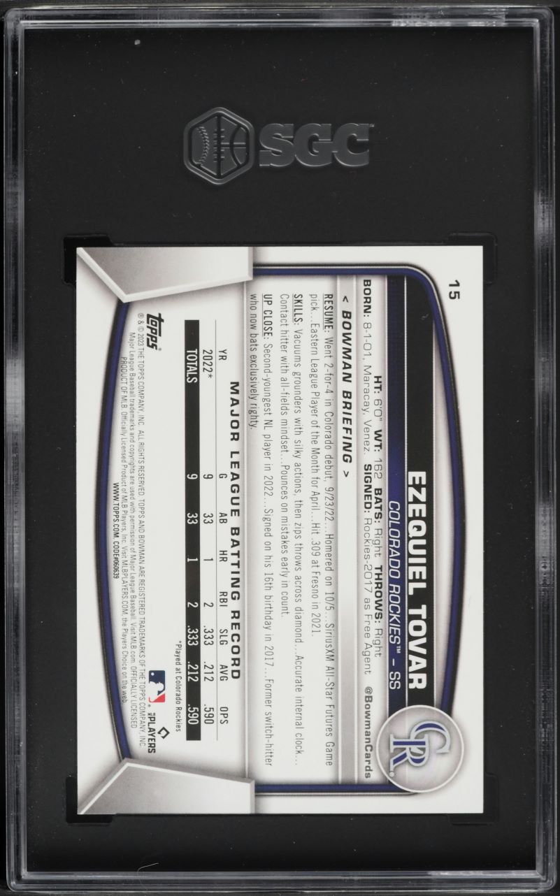 2023 Bowman Ezequiel Tovar ROOKIE #15 SGC 10 GEM MINT