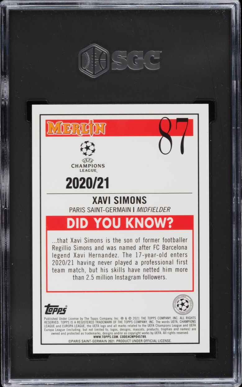 2020 Topps Chrome Merlin UEFA Xavi Simons ROOKIE #87 SGC 10 GEM MINT