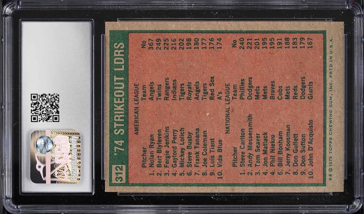 1975 Topps Nolan Ryan & Steve Carlton STRIKEOUT LDRS #312 CSG 8 NM-MT