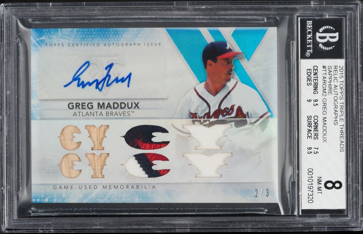 2015 Topps Triple Threads Sapphire Greg Maddux PATCH AUTO /3 #TTARGM2 BGS 8