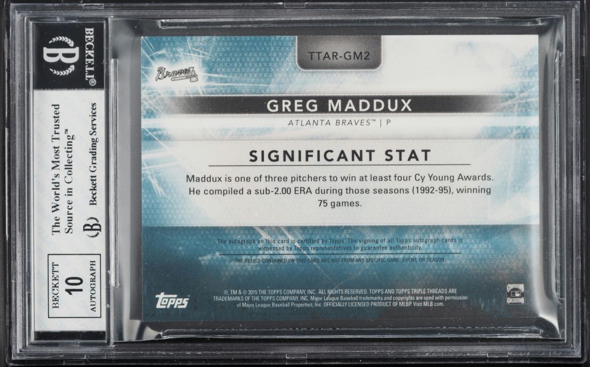 2015 Topps Triple Threads Sapphire Greg Maddux PATCH AUTO /3 #TTARGM2 BGS 8
