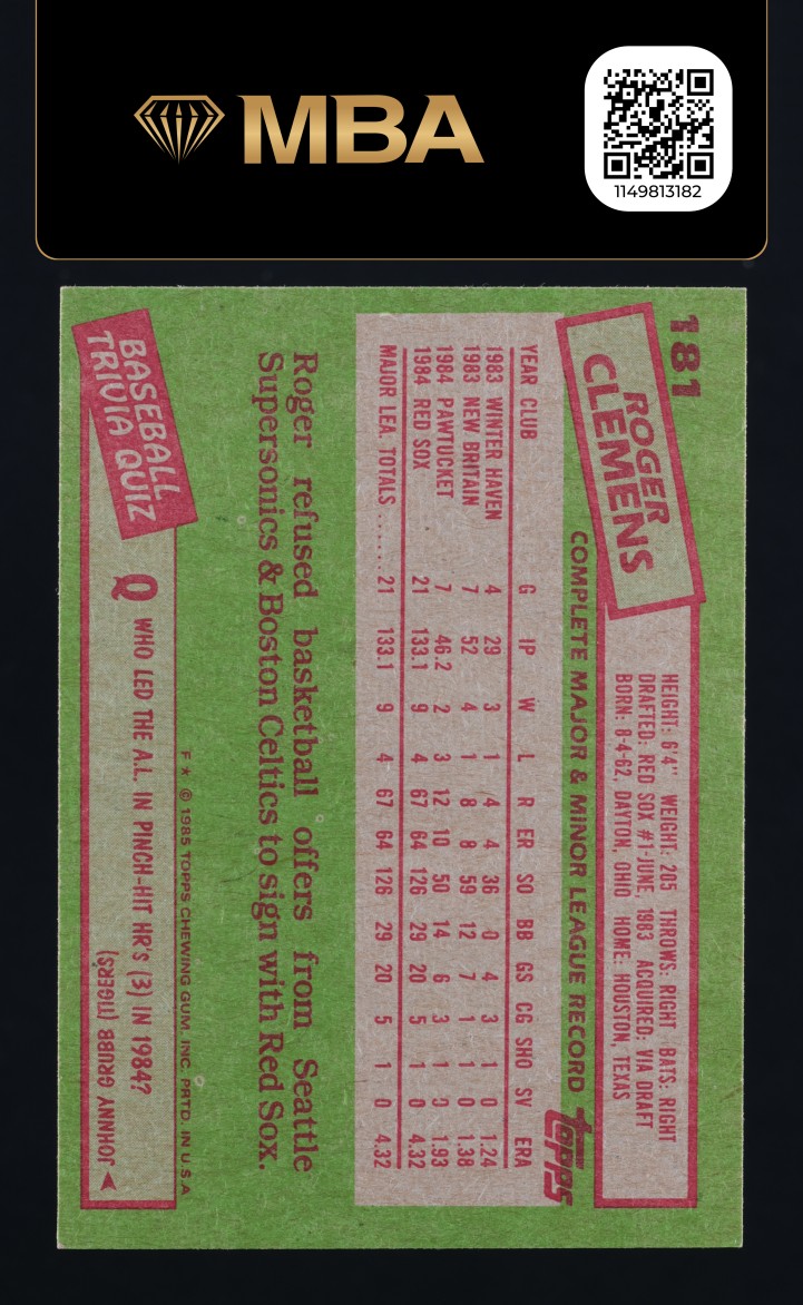 1985 Topps Roger Clemens ROOKIE #181 MBA AUTH