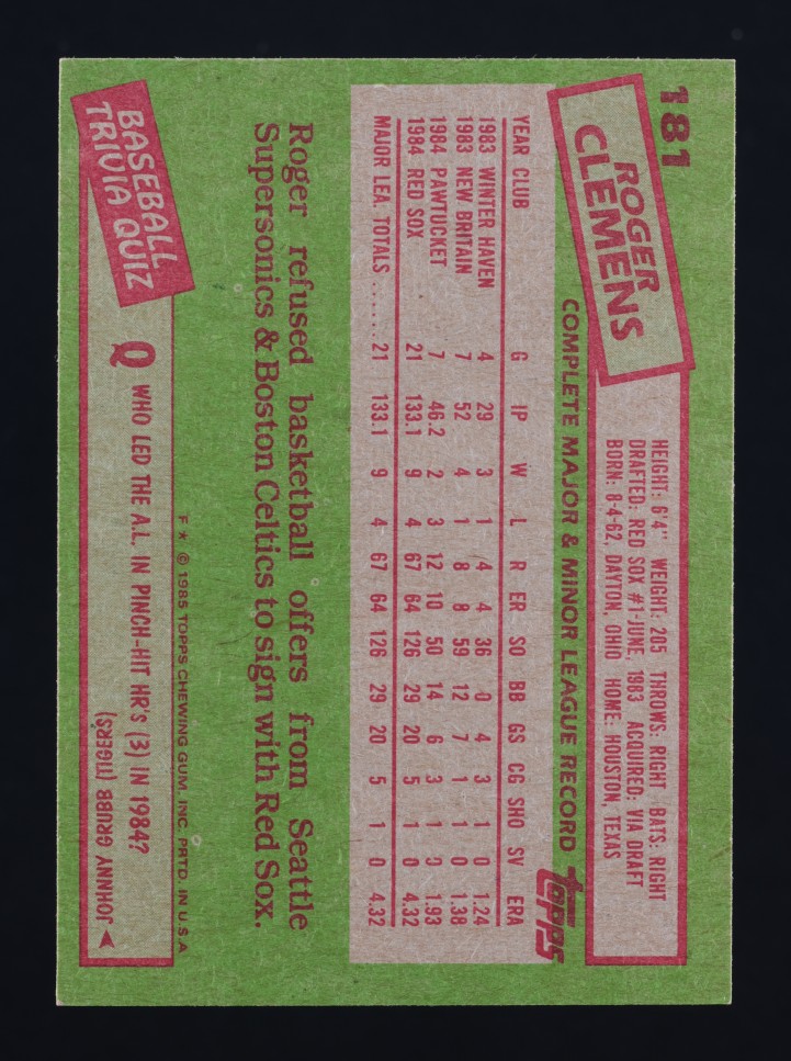 1985 Topps Roger Clemens ROOKIE #181 MBA AUTH