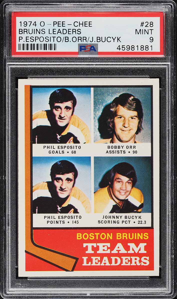 1974 O-Pee-Chee Hockey Phil Esposito Bobby Orr Bucyk BRUINS LDRS #28 PSA 9 MINT