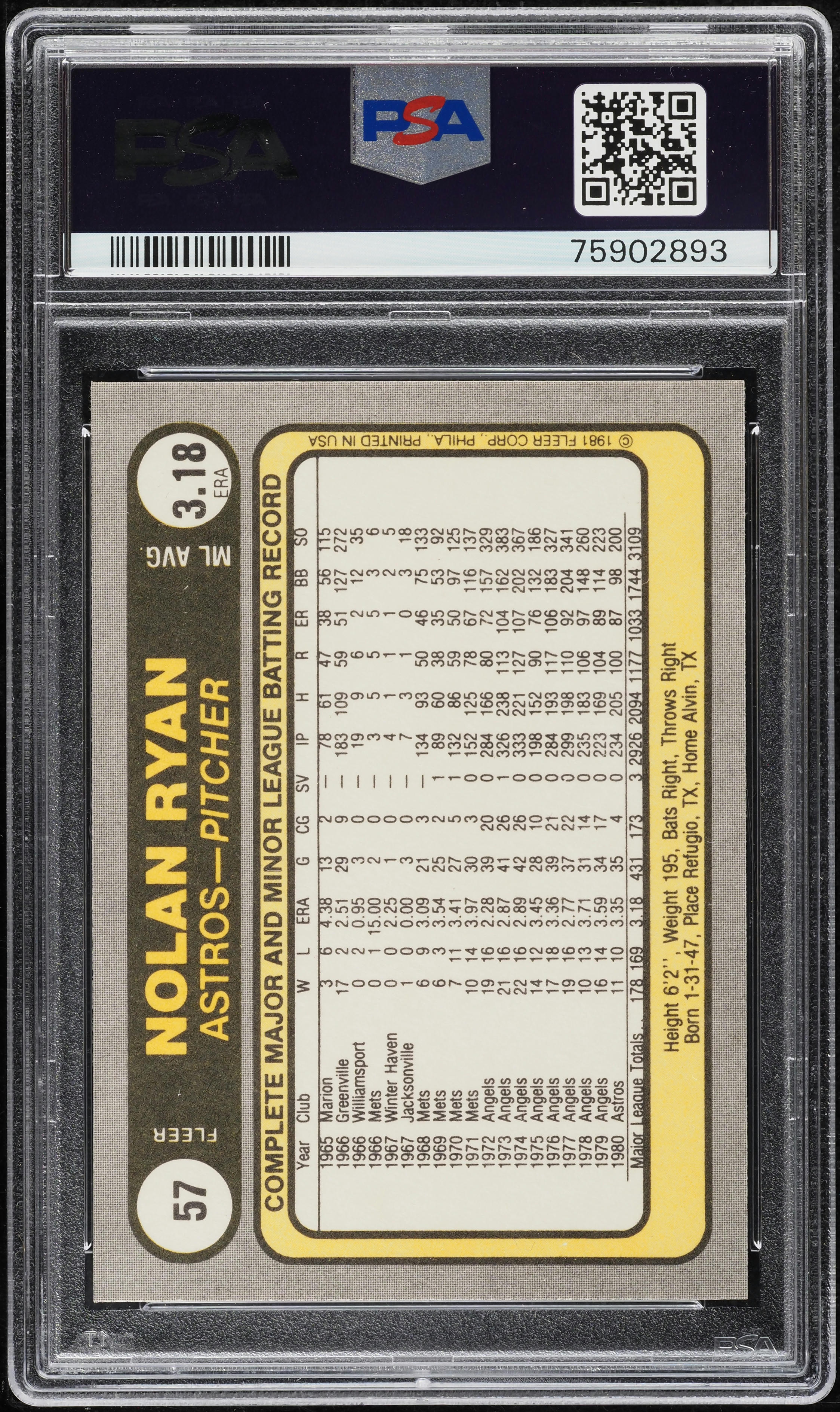 1981 Fleer Nolan Ryan #57 PSA 10 GEM MINT