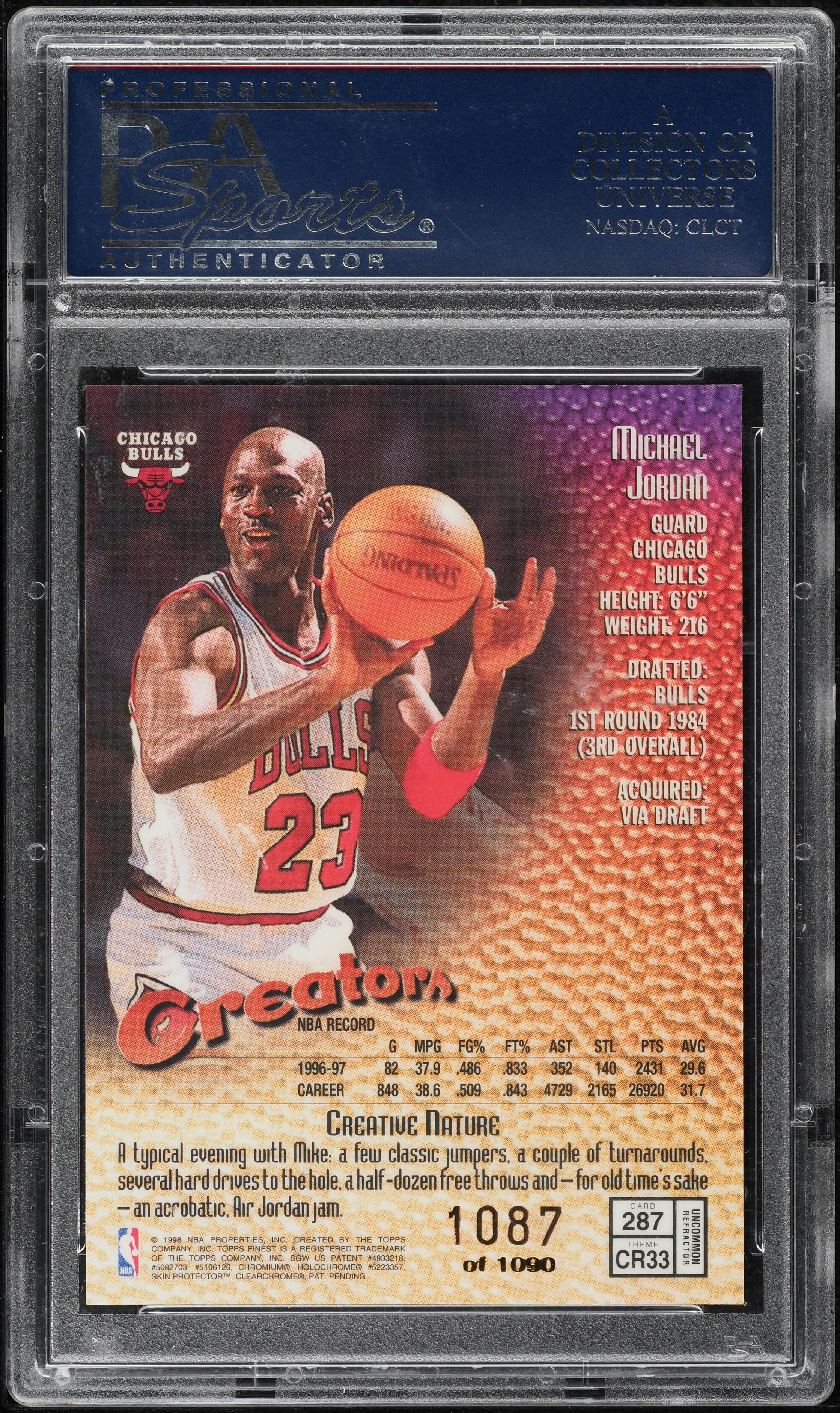 1997 Finest Refractor w/ Coating Michael Jordan /1090 #287 PSA 10 GEM MINT