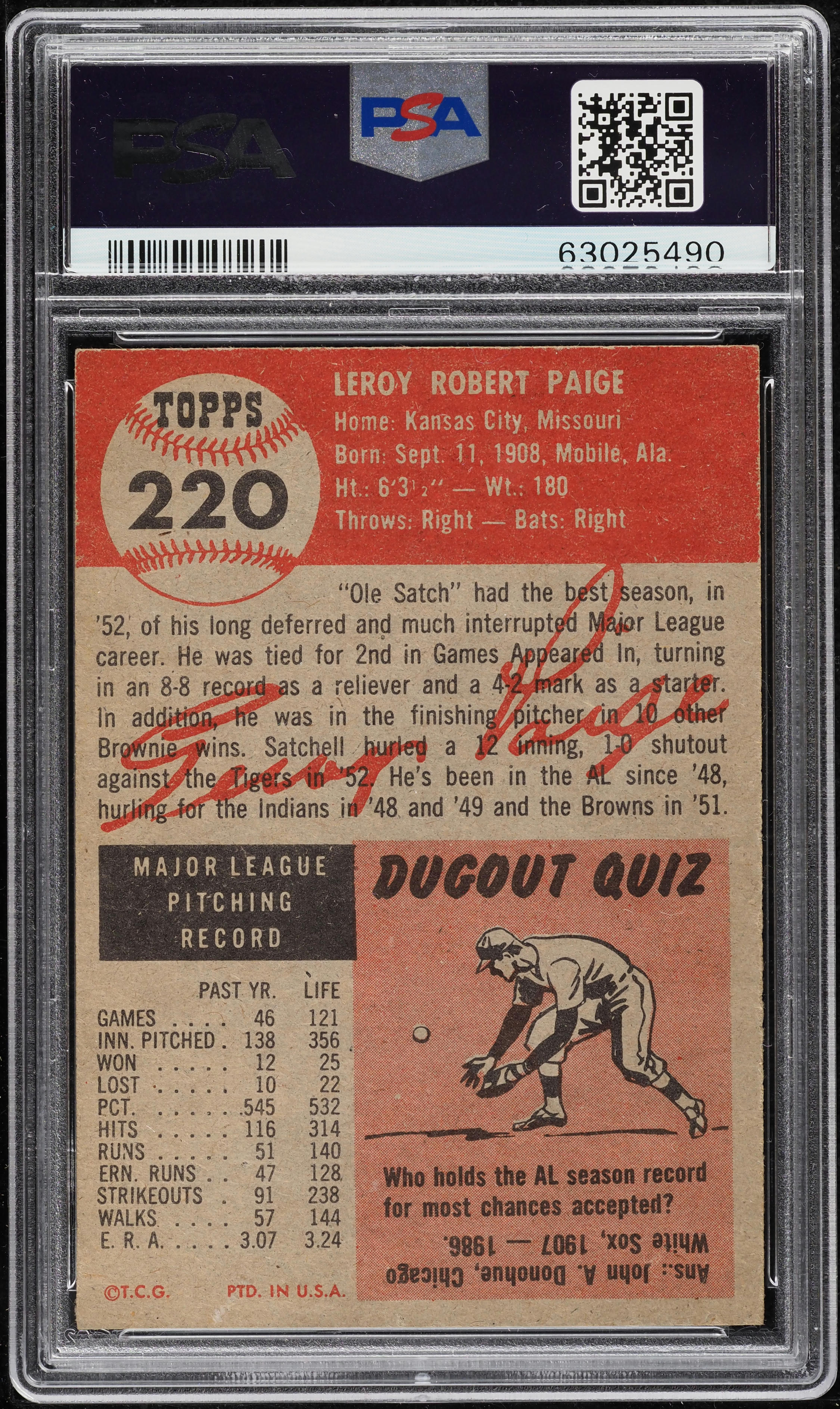 1953 Topps Satchell Paige #220 PSA 6 EXMT