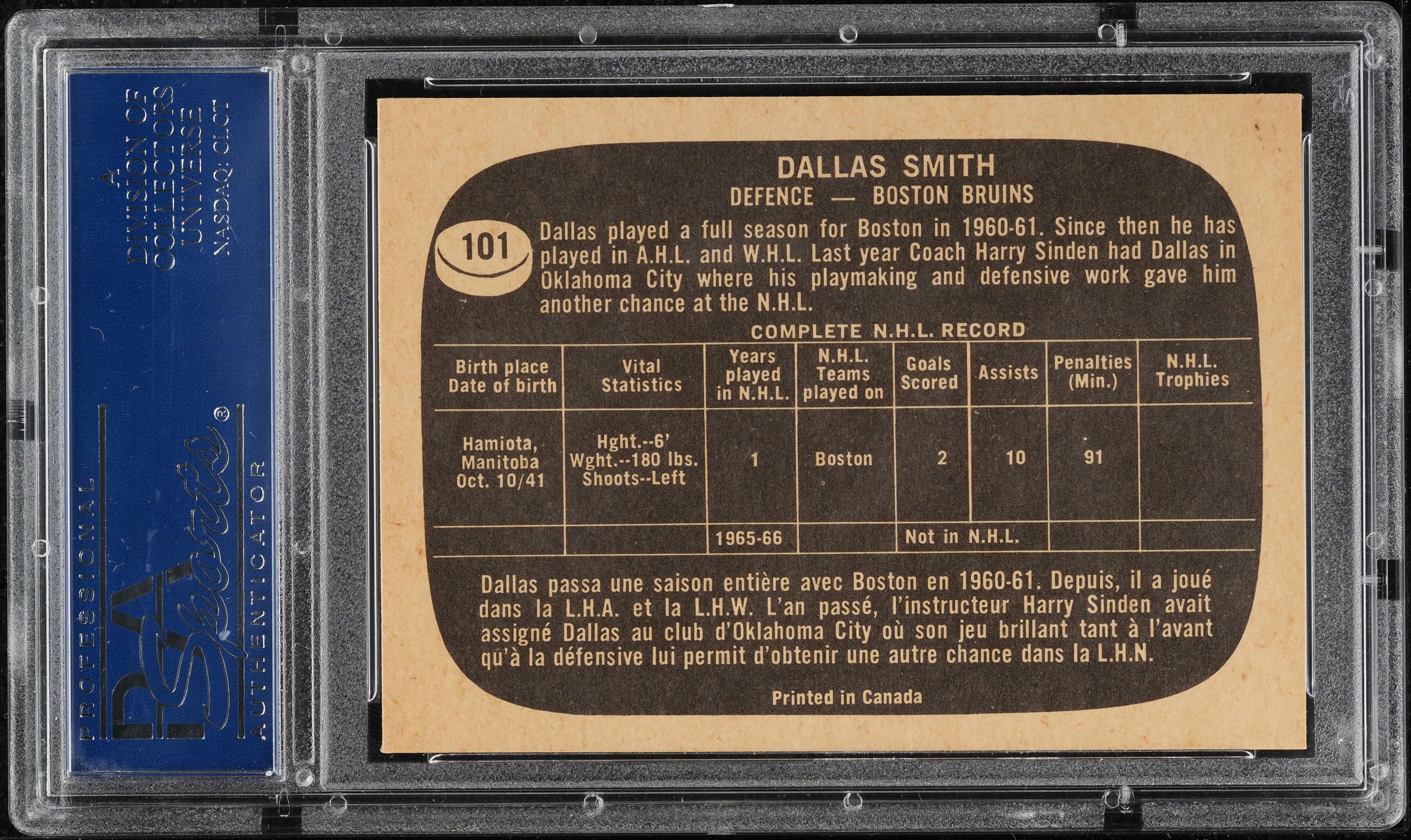 1966 Topps Hockey Dallas Smith #101 PSA 8 NM-MT
