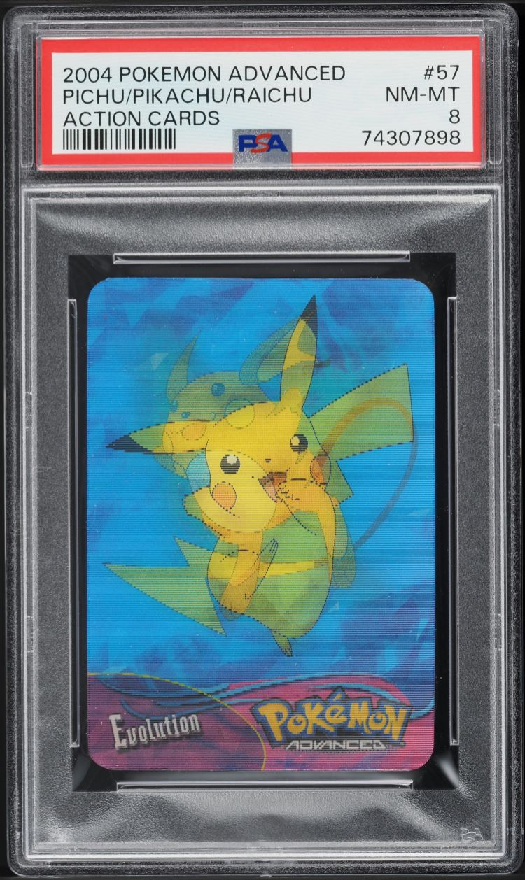 2004 Pokemon Advanced Action Cards Pichu Pikachu Raichu #57 PSA 8 NM-MT
