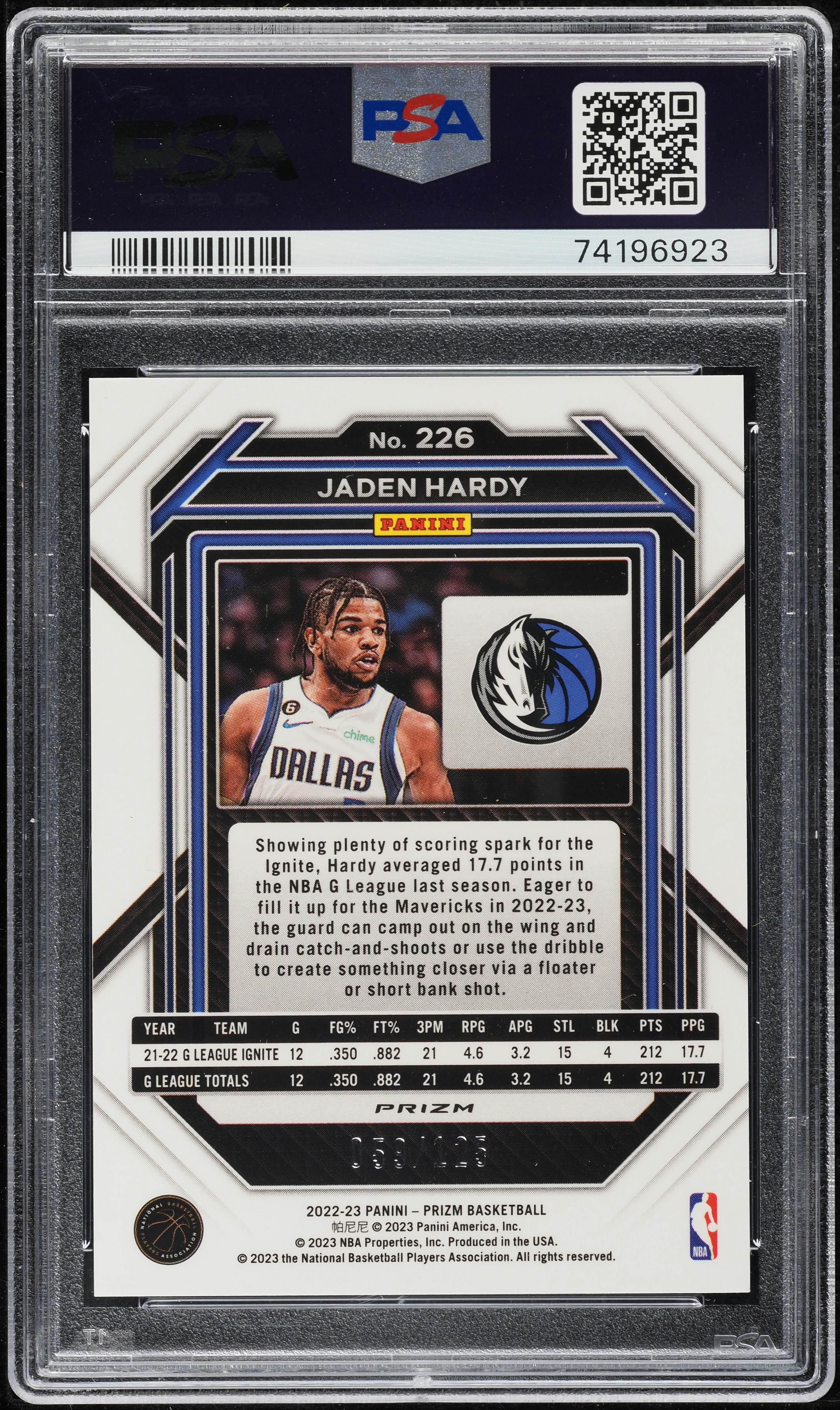 2022 Panini Prizm Blue Ice Jaden Hardy ROOKIE /125 #226 PSA 10 GEM