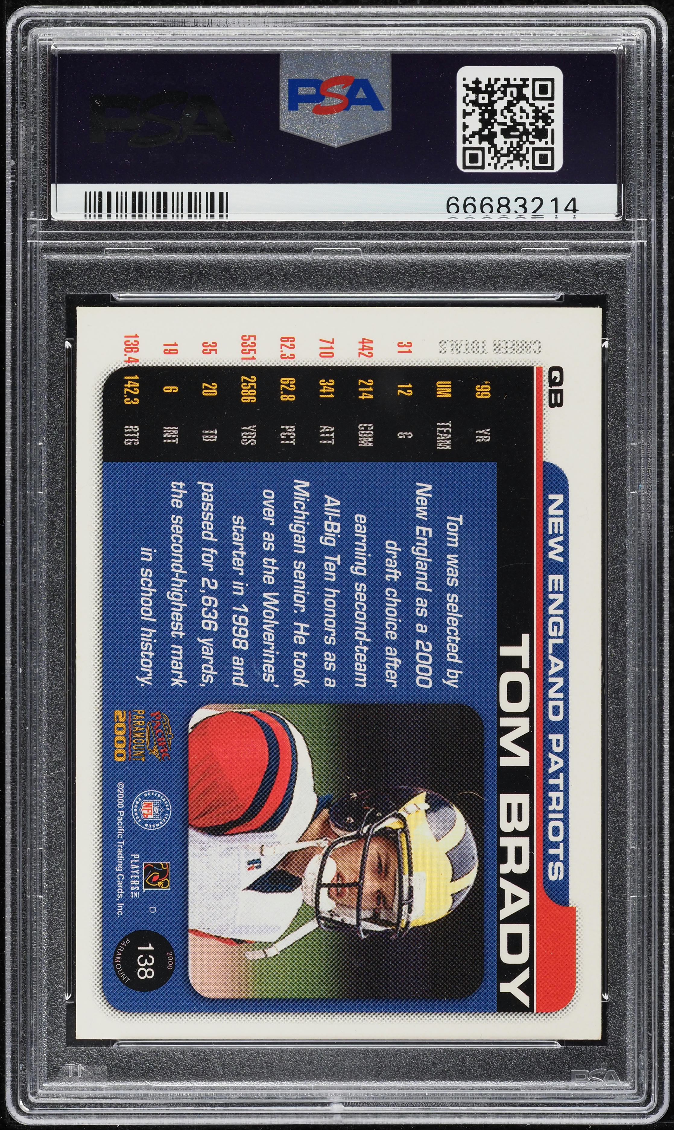 2000 Pacific Paramount Tom Brady ROOKIE #138 PSA 6 EXMT on