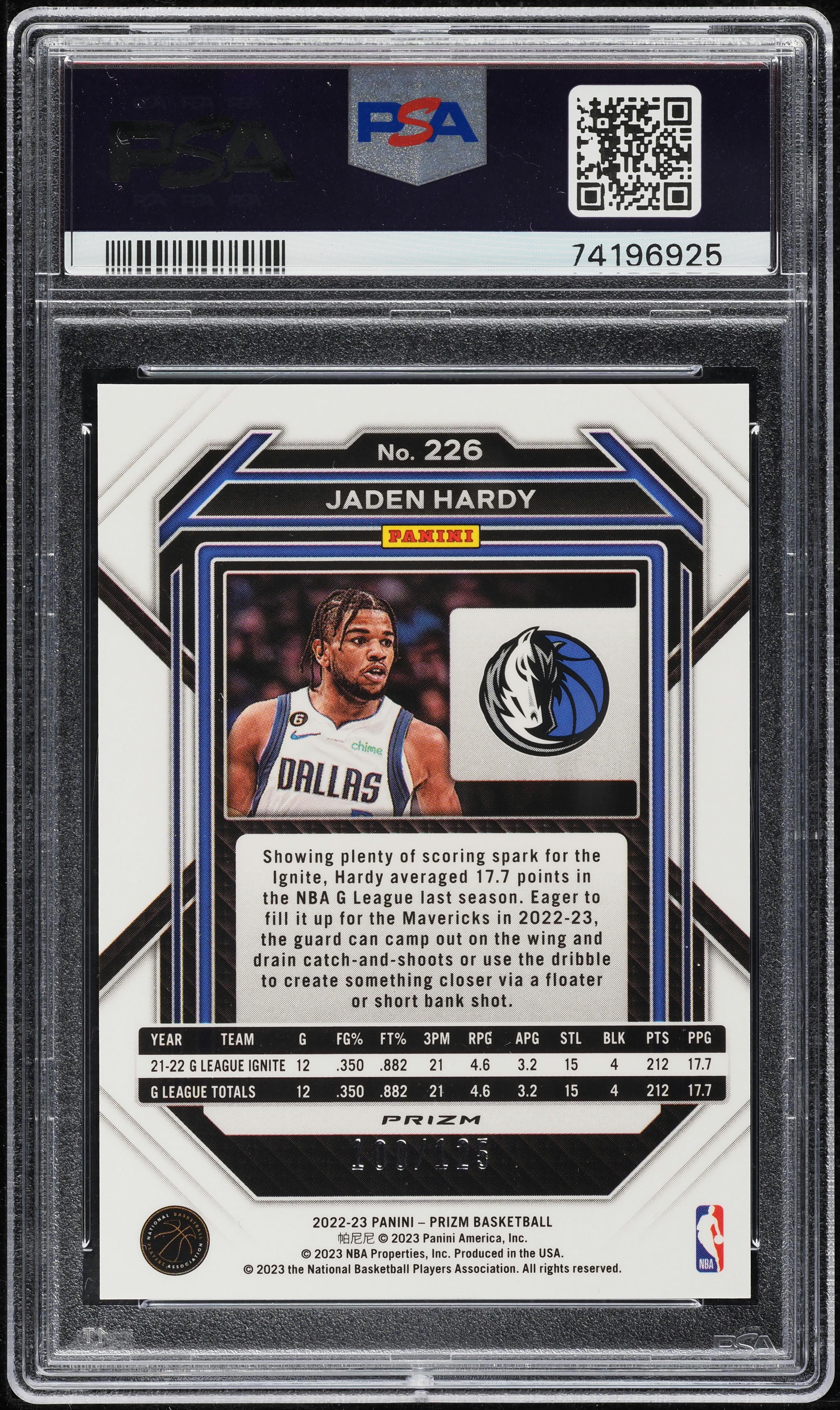 2022 Panini Prizm Blue Ice Jaden Hardy ROOKIE /125 #226 PSA 9 MINT