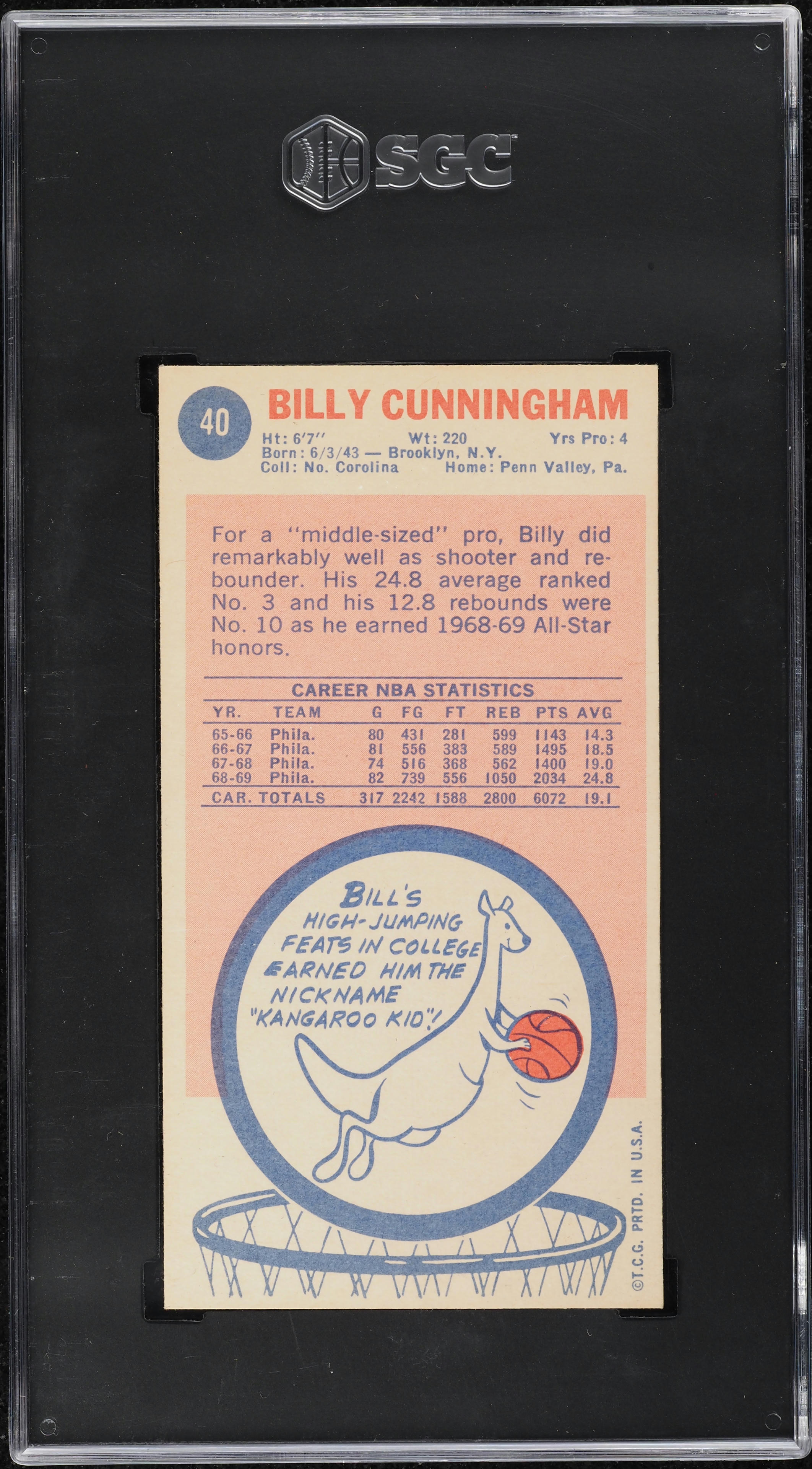 1969 Topps Basketball Billy Cunningham ROOKIE #40 SGC 7.5 NRMT+