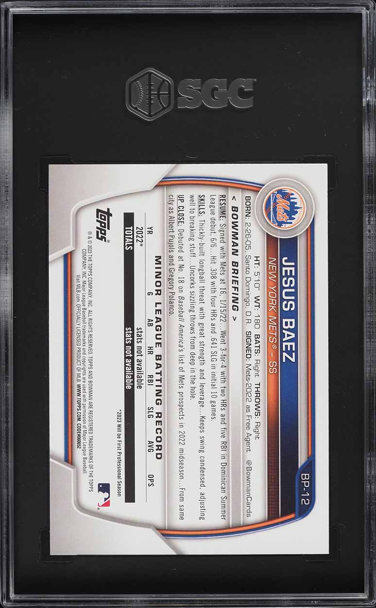 2023 Bowman Prospect Jesus Baez ROOKIE #BP-12 SGC 10 GEM MINT