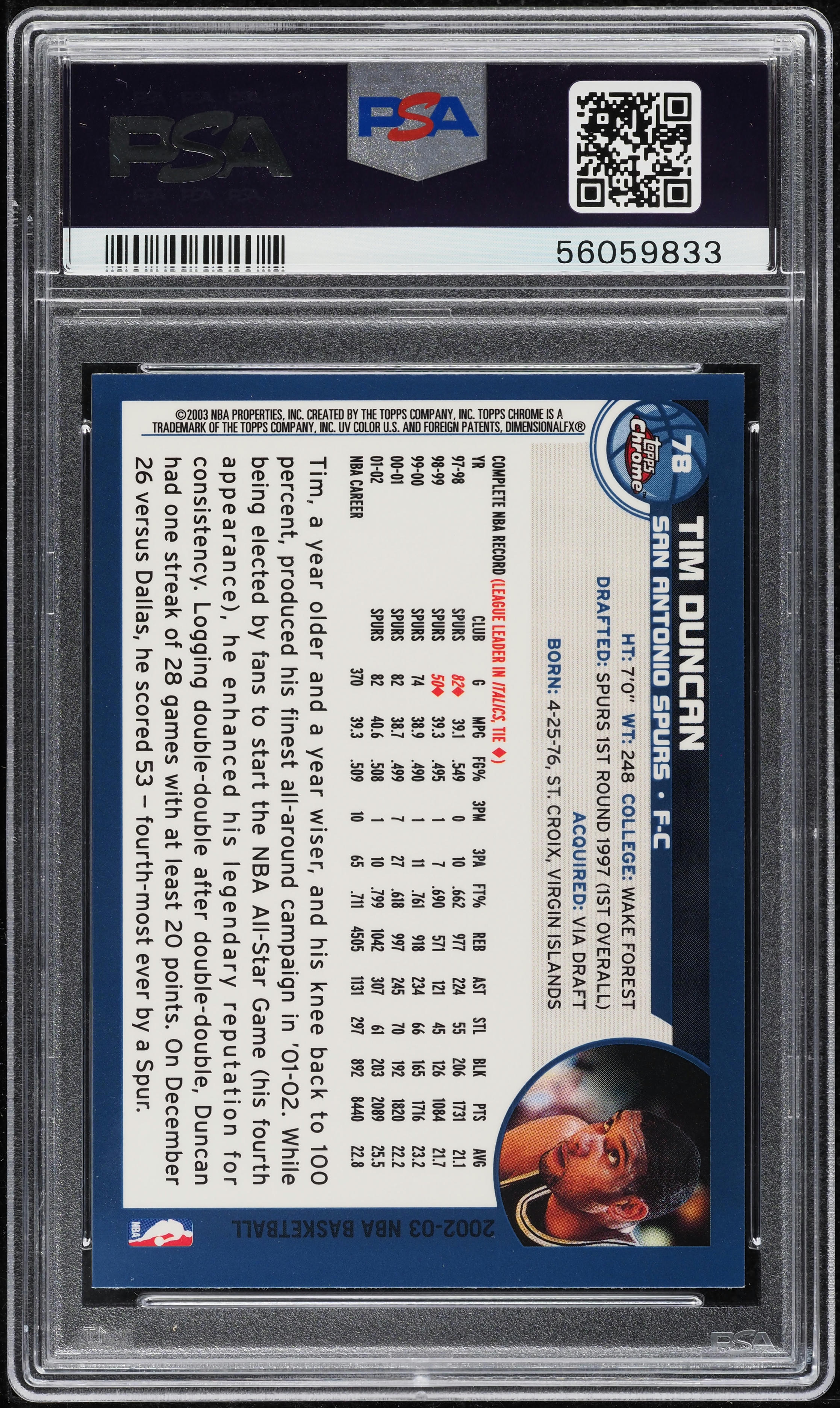 2002 Topps Chrome Tim Duncan #78 PSA 10 GEM MINT