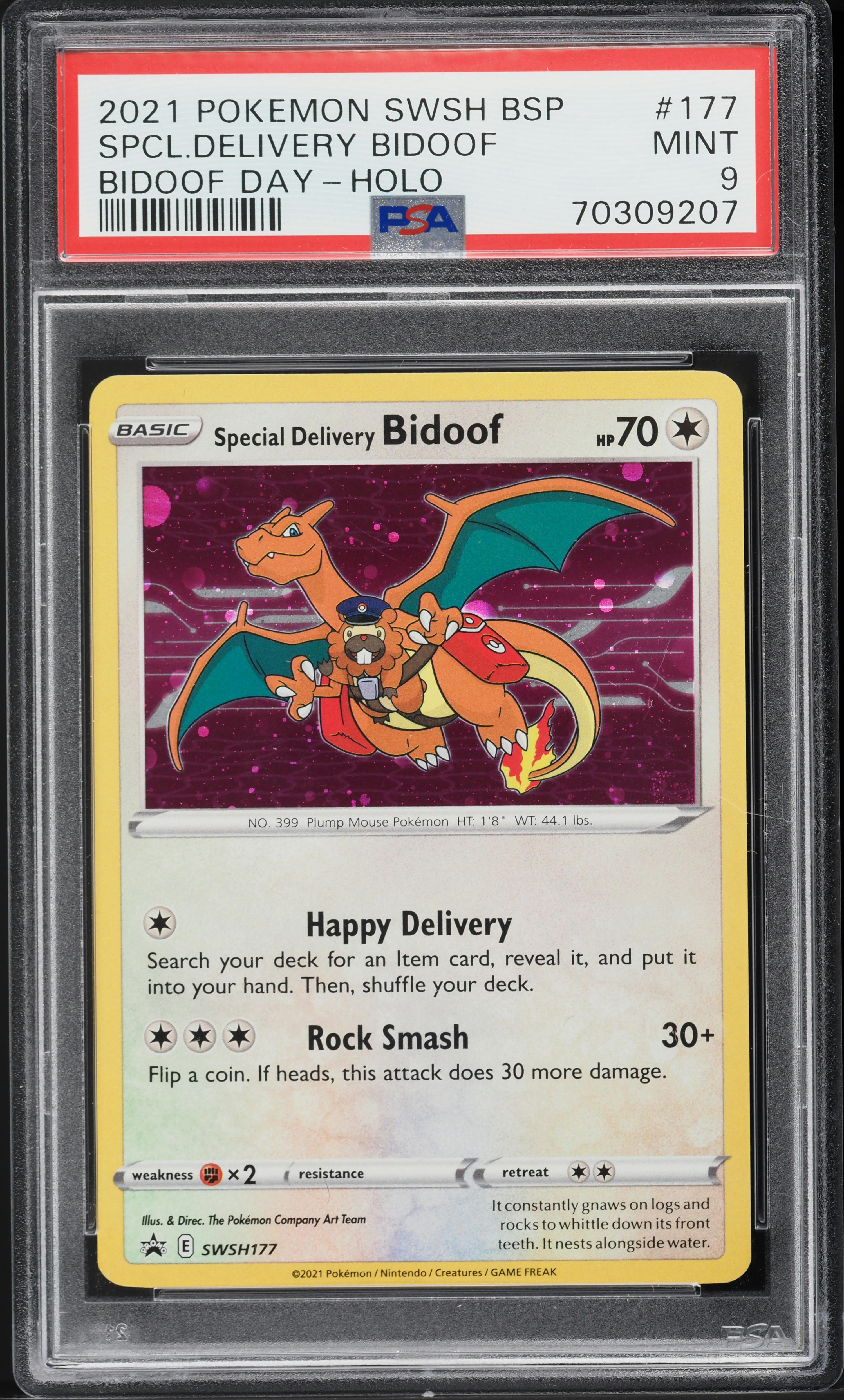 2021 Pokemon SWSH Black Star Promo Bidoof Day Holo Special Delivery #177 PSA 9 on Fanatics Collect 2021 Pokemon SWSH Black Star Promo Bidoof Day Holo Special Delivery #177 PSA 9 on Fanatics Collect