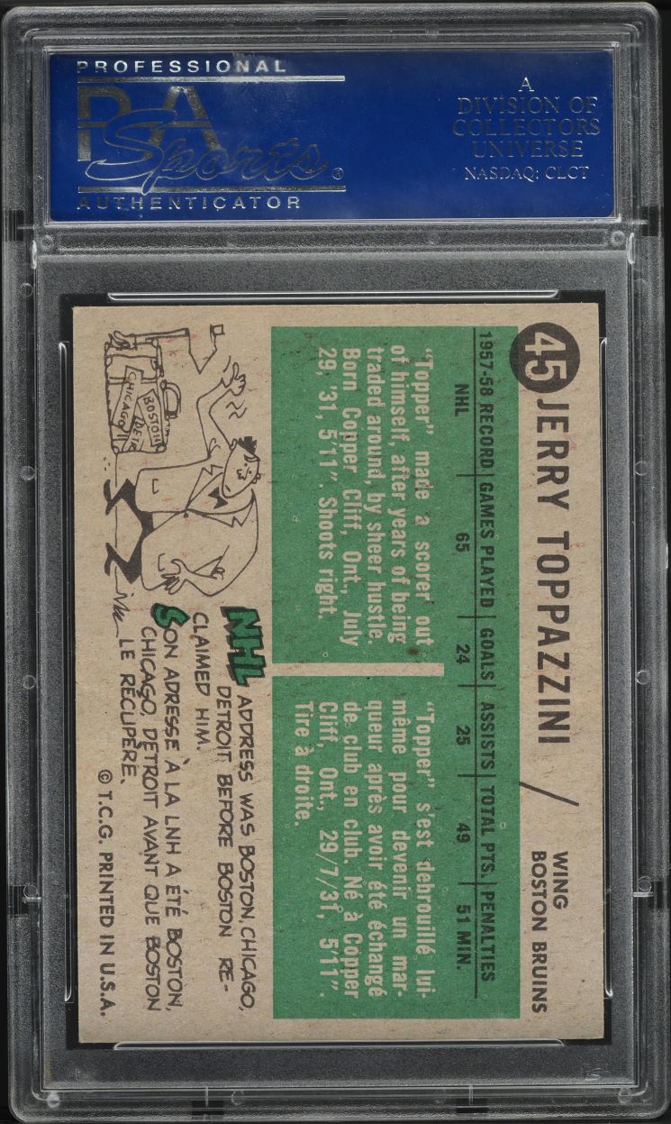 1958 Topps Hockey Jerry Toppazzini #45 PSA 8 NM-MT