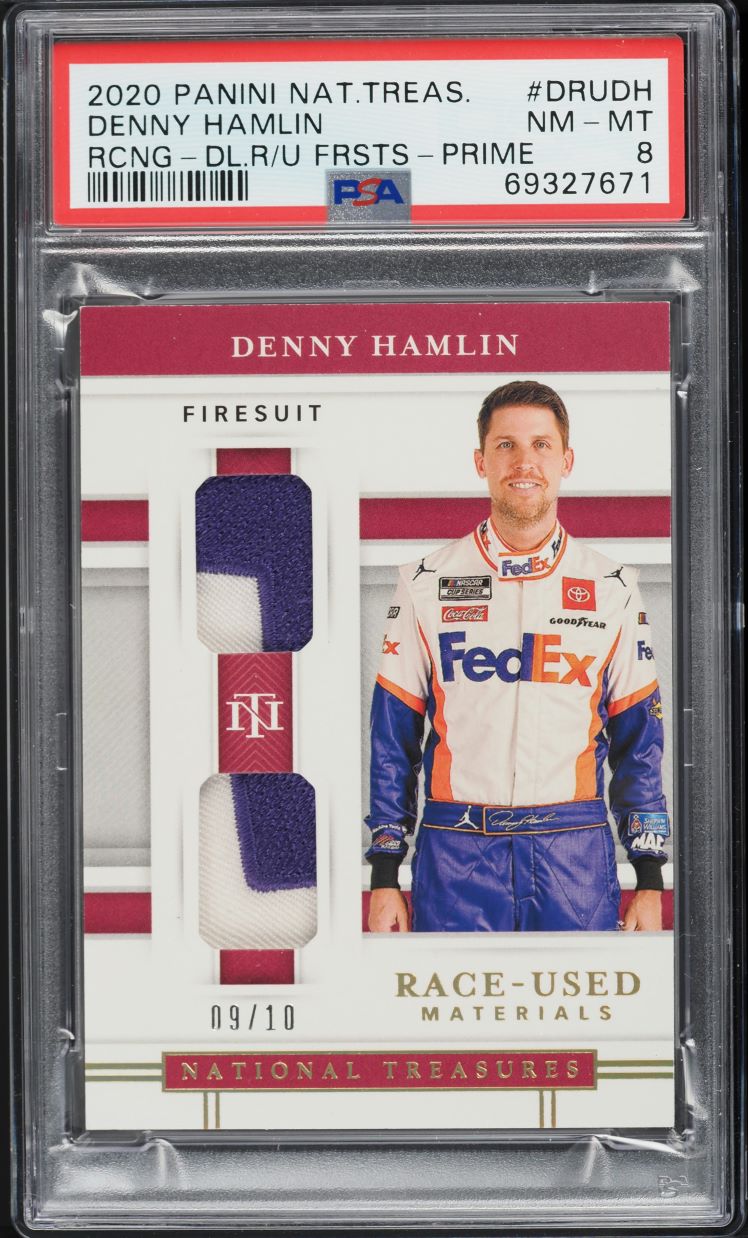 2020 National Treasures Racing Dual Race Used Prime Denny Hamlin PATCH /10 PSA 8