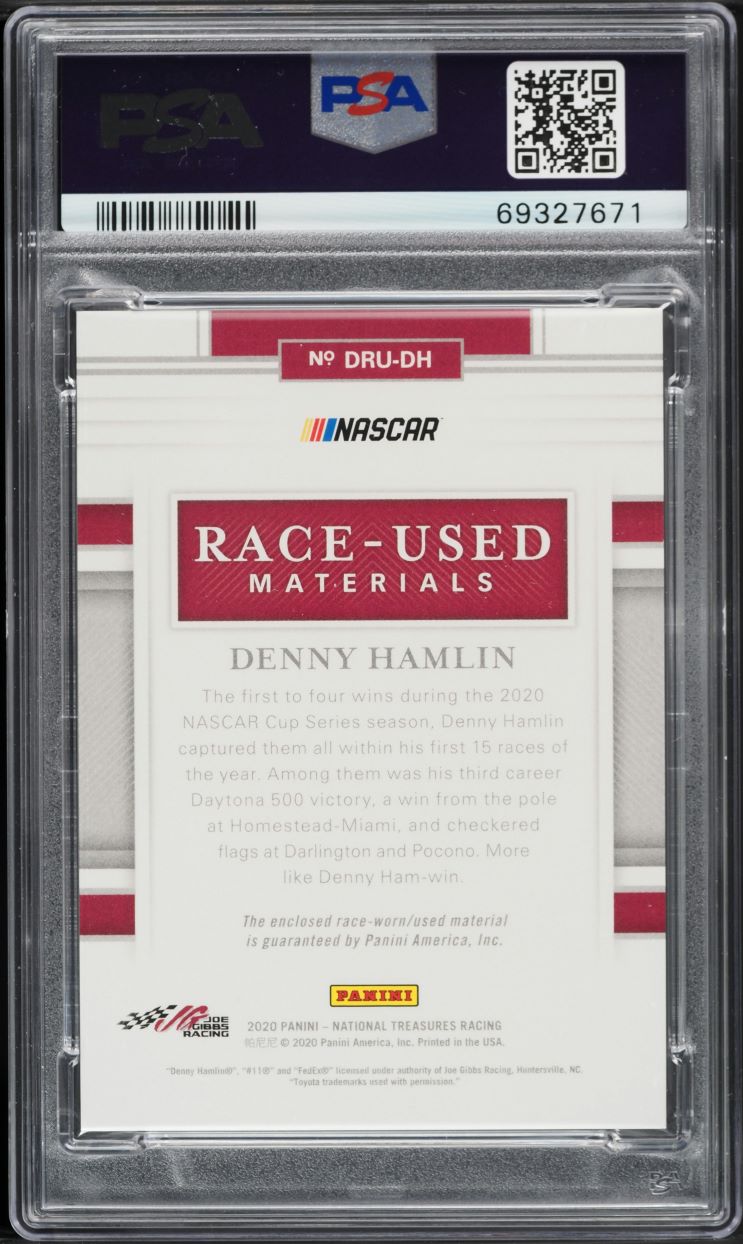 2020 National Treasures Racing Dual Race Used Prime Denny Hamlin PATCH /10 PSA 8