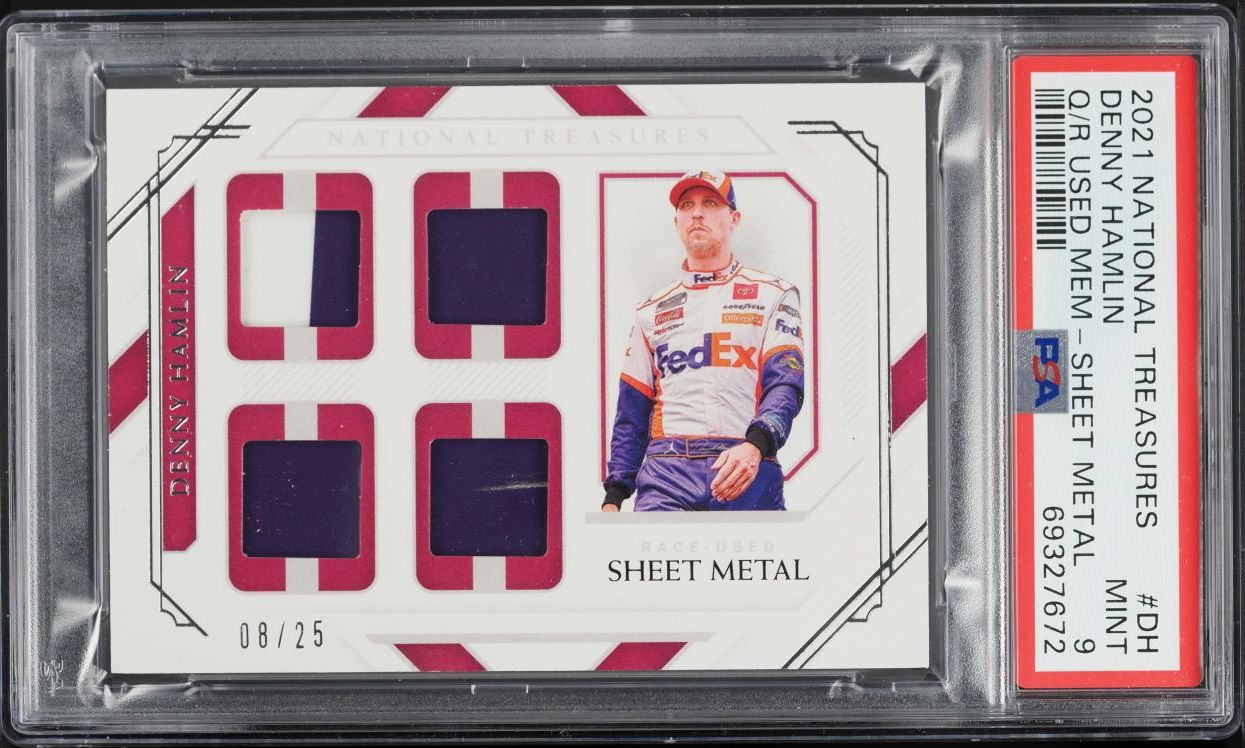 2021 National Treasures Quad Race Used Sheet Metal Denny Hamlin PATCH /25 PSA 9