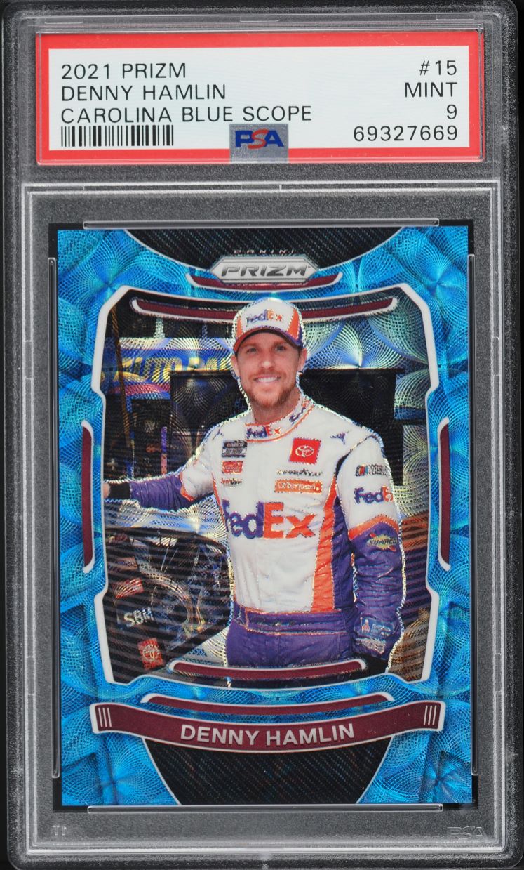 2021 Panini Prizm Carolina Blue Scope Denny Hamlin /99 #15 PSA 9 MINT