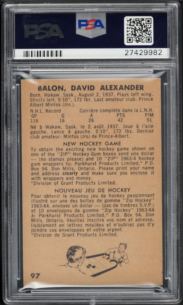 1963 Parkhurst Dave Balon #97 PSA 9 MINT