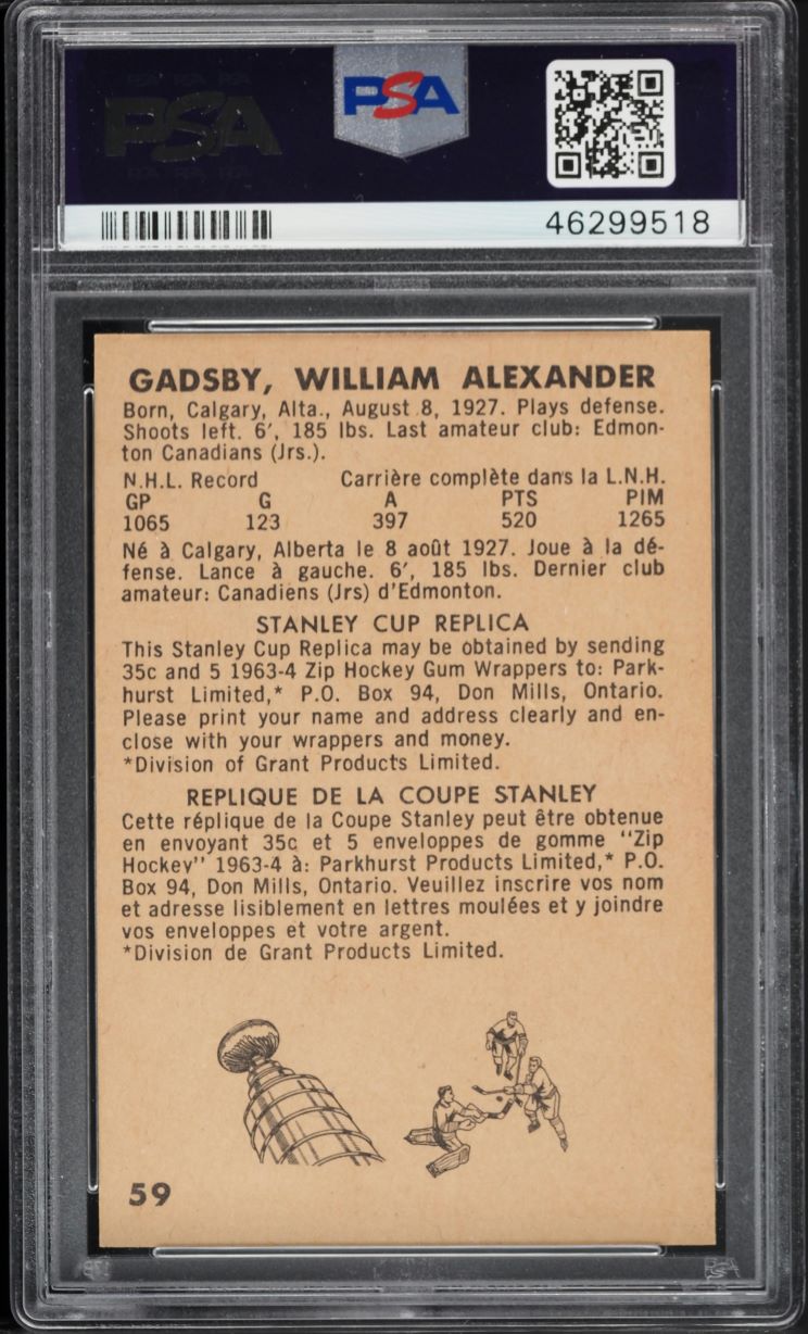1963 Parkhurst Bill Gadsby #59 PSA 8 NM-MT