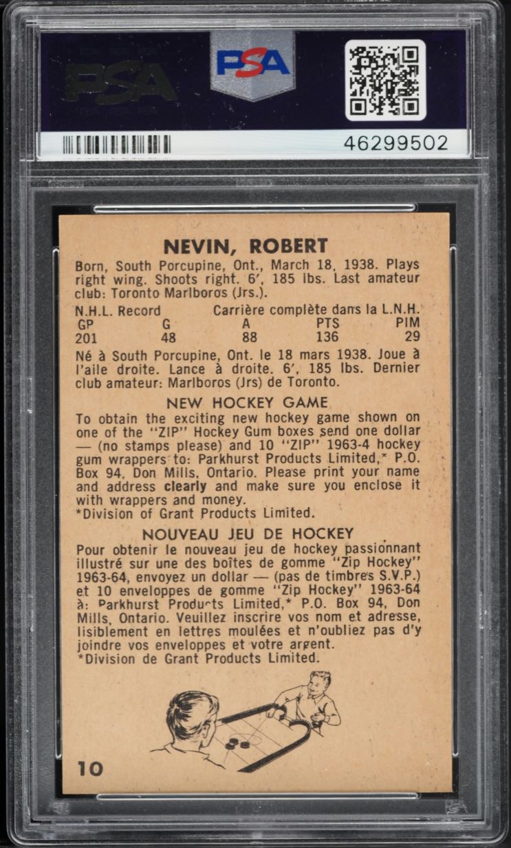 1963 Parkhurst Bob Nevin #10 PSA 8 NM-MT