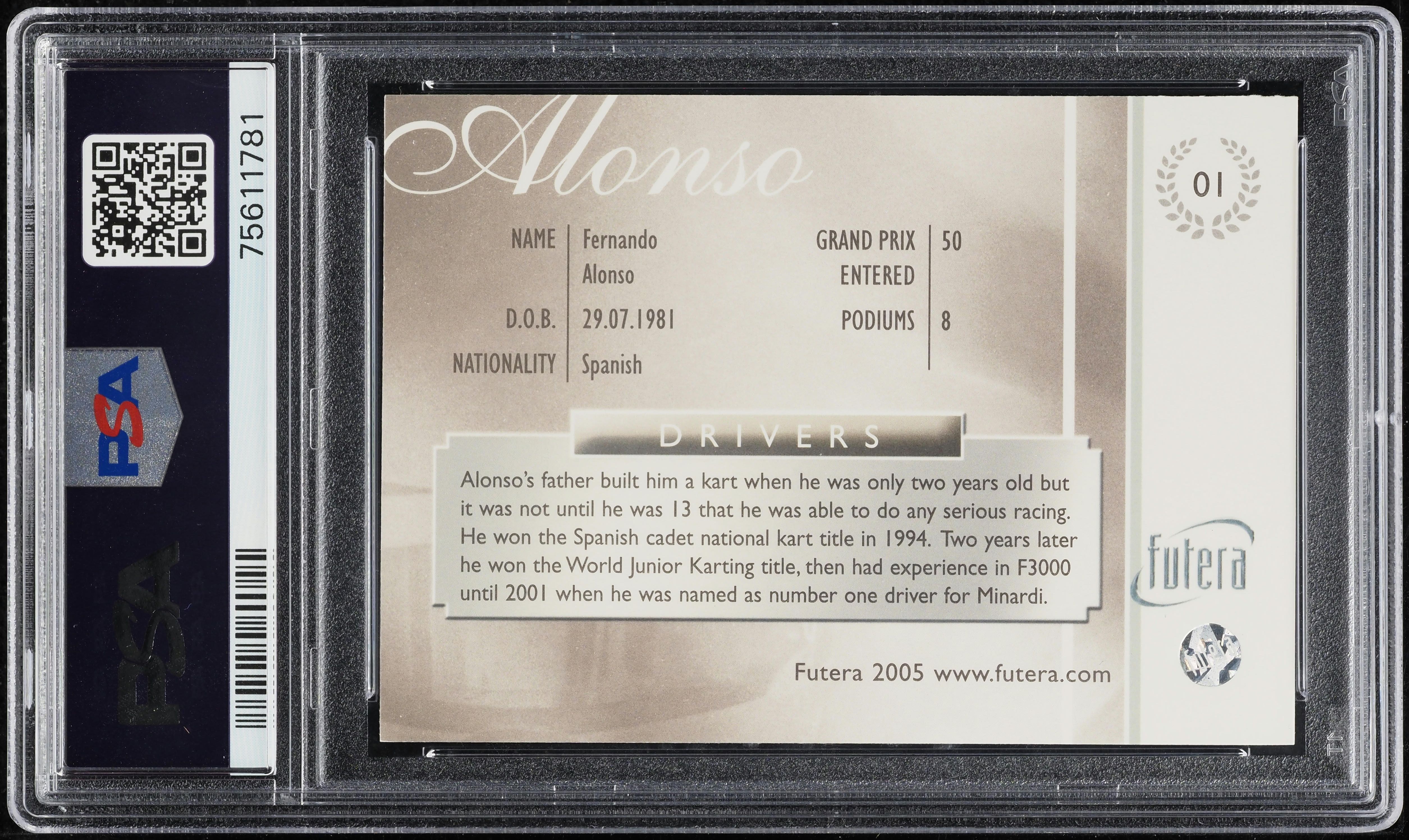 2005 Futera Grand Prix Drivers Fernando Alonso ROOKIE #1 PSA 9