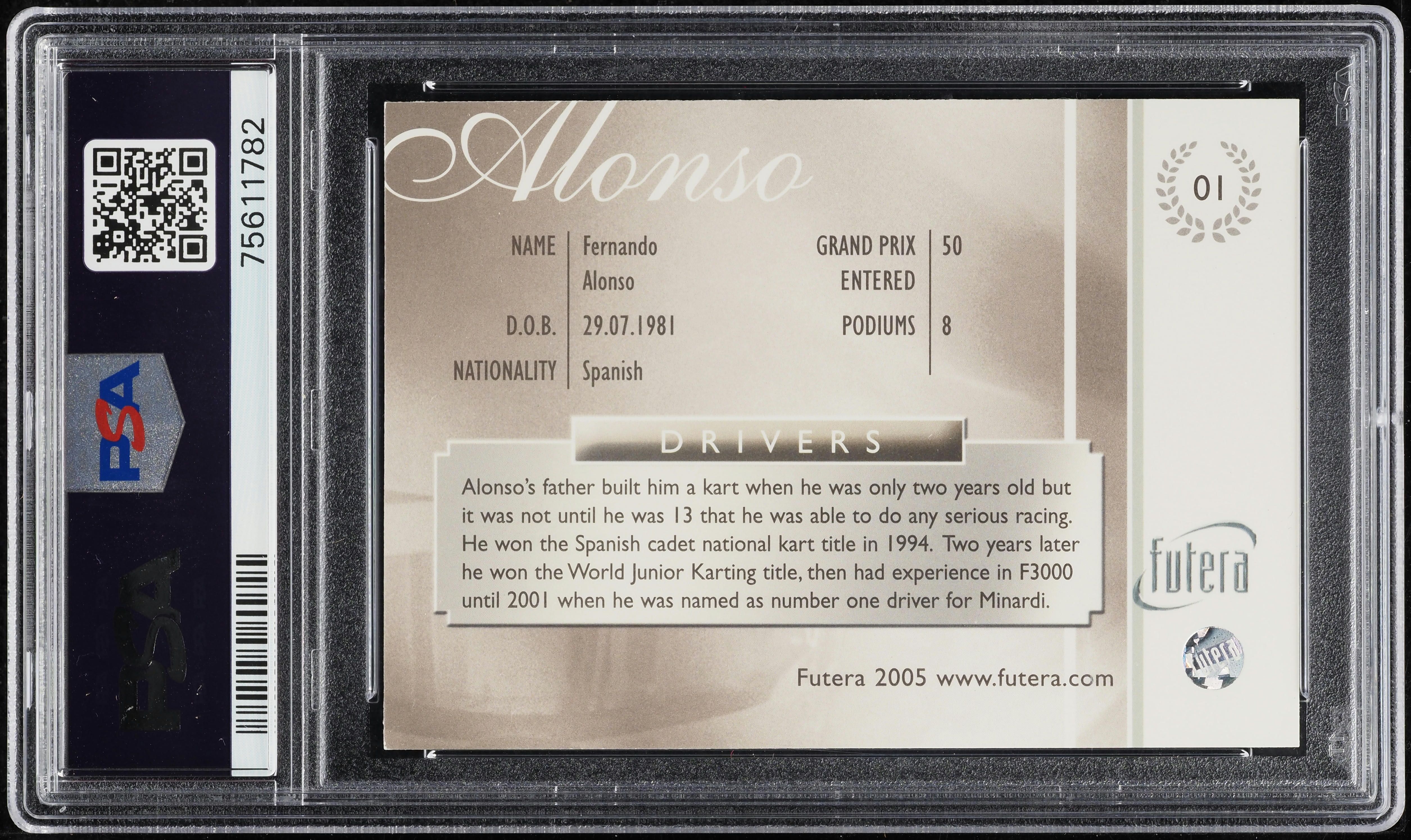 2005 Futera Grand Prix Drivers Fernando Alonso ROOKIE #1 PSA 9
