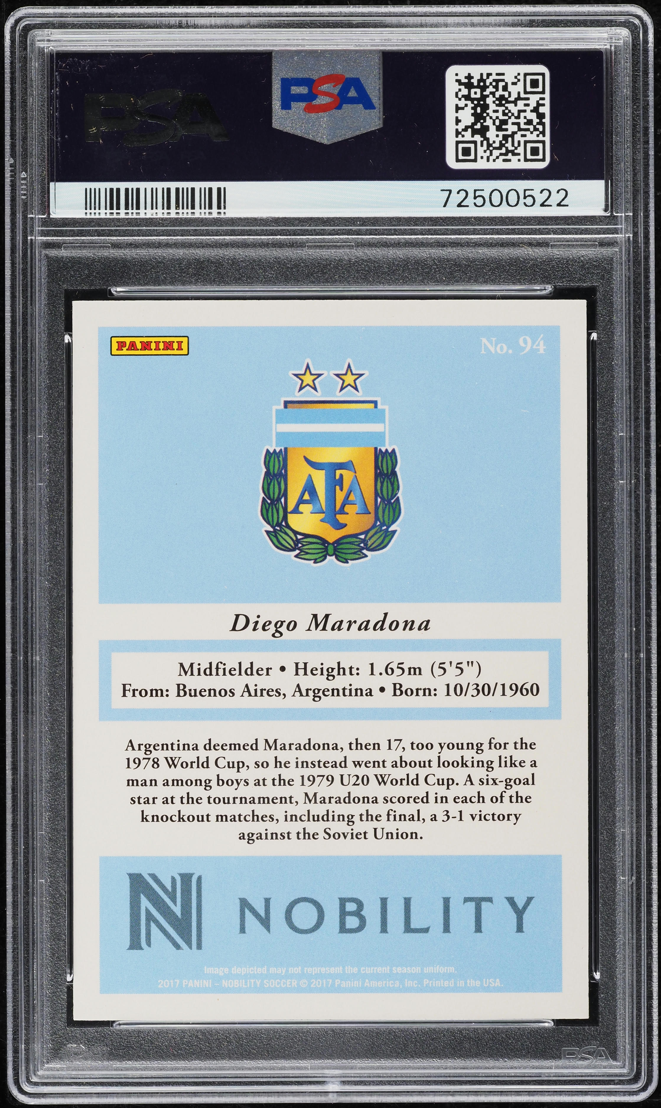 2017 Panini Nobility Gold Diego Maradona 1/10 #94 PSA 9 MINT on 