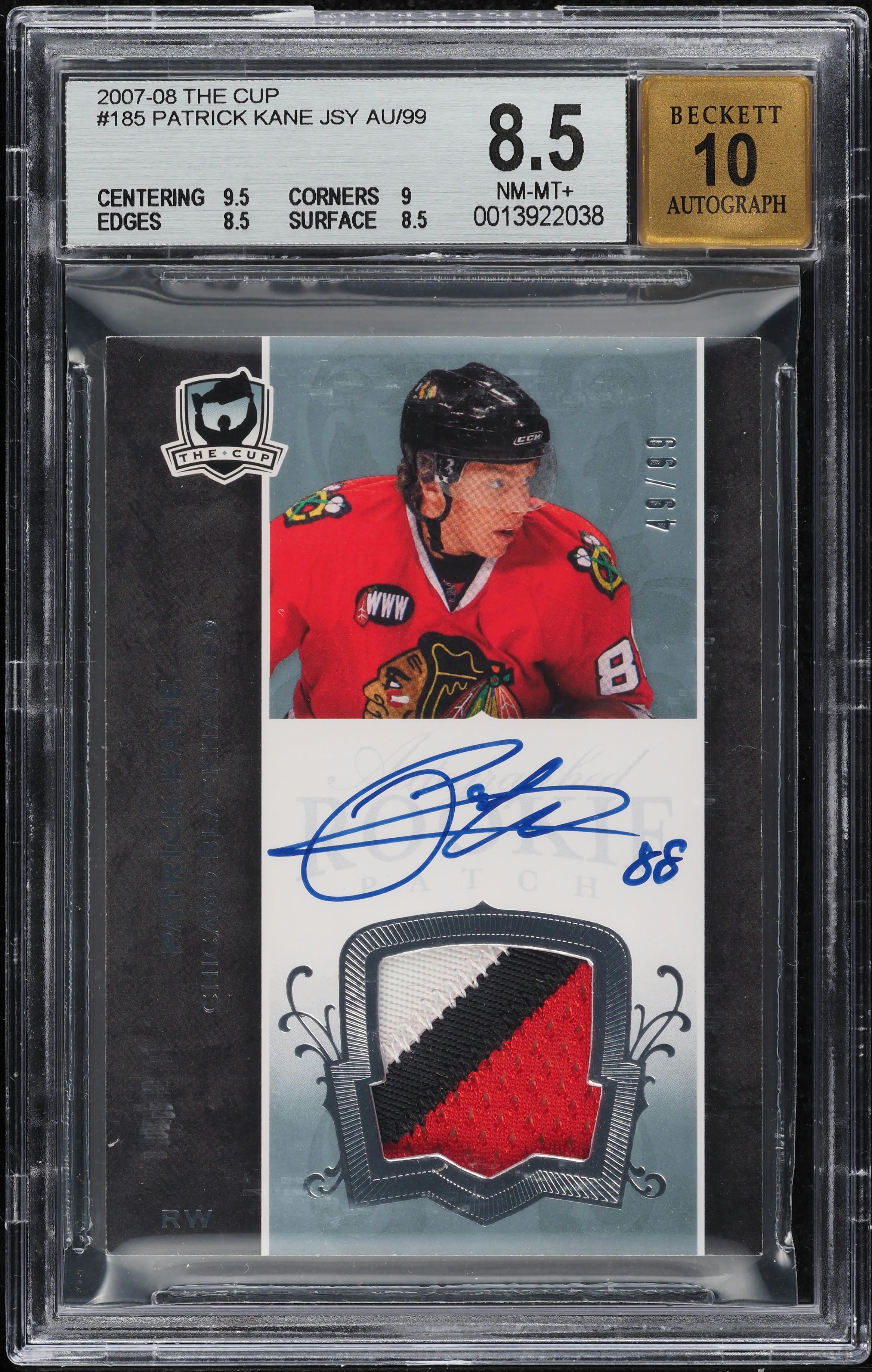2007 UD The Cup Patrick Kane ROOKIE PATCH AUTO /99 #185 BGS 8.5 NM-MT+