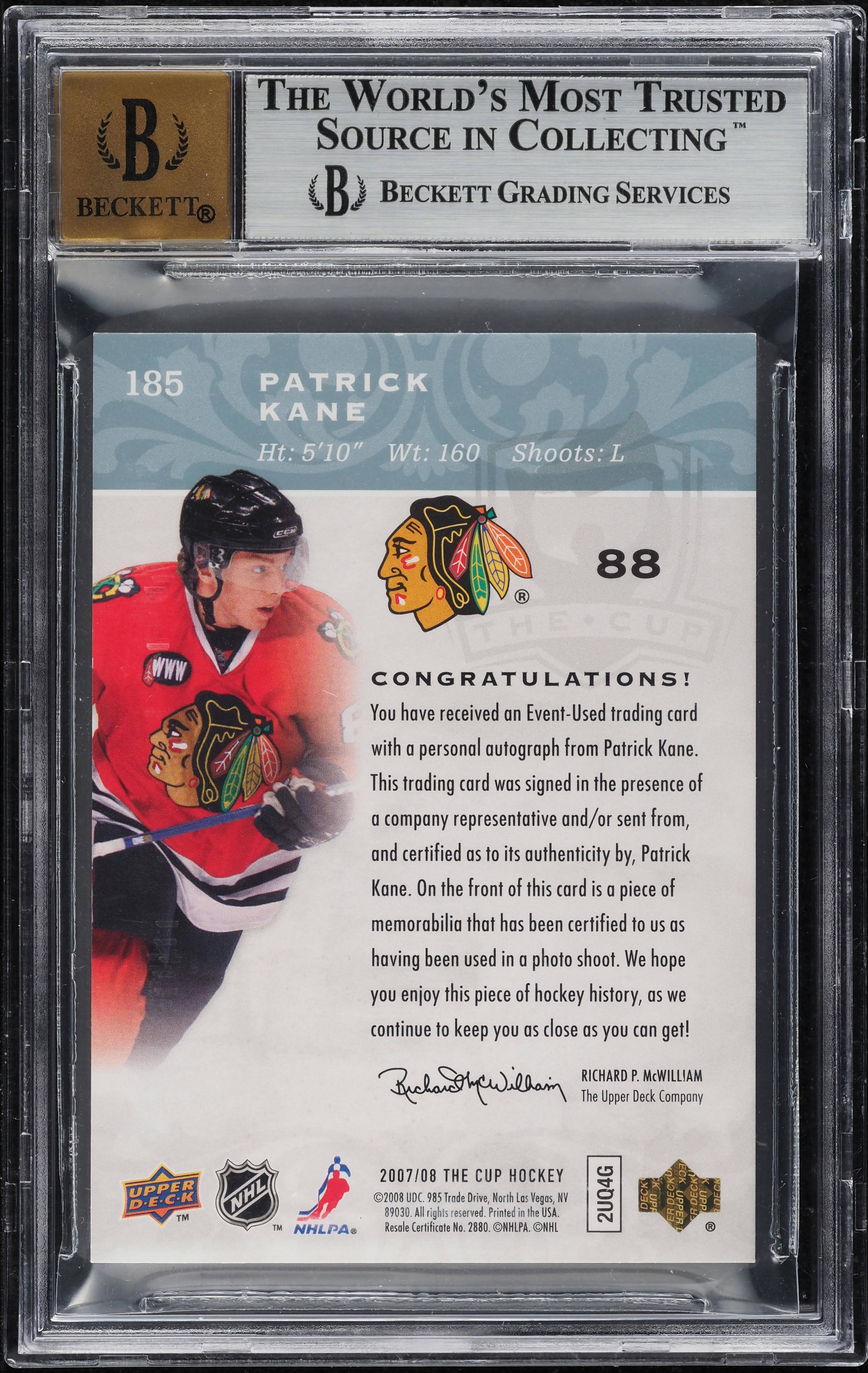 2007 UD The Cup Patrick Kane ROOKIE PATCH AUTO /99 #185 BGS 8.5 NM-MT+