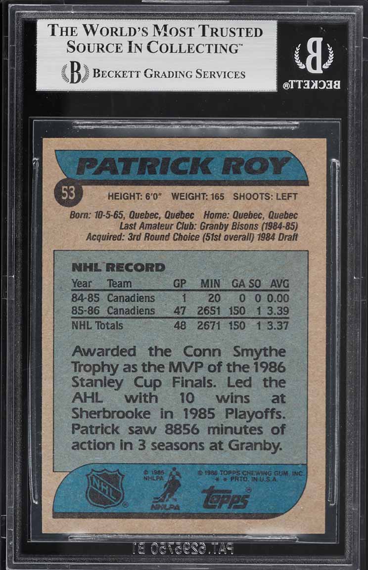 1986 Topps Hockey Patrick Roy ROOKIE #53 BGS 7.5 NRMT+
