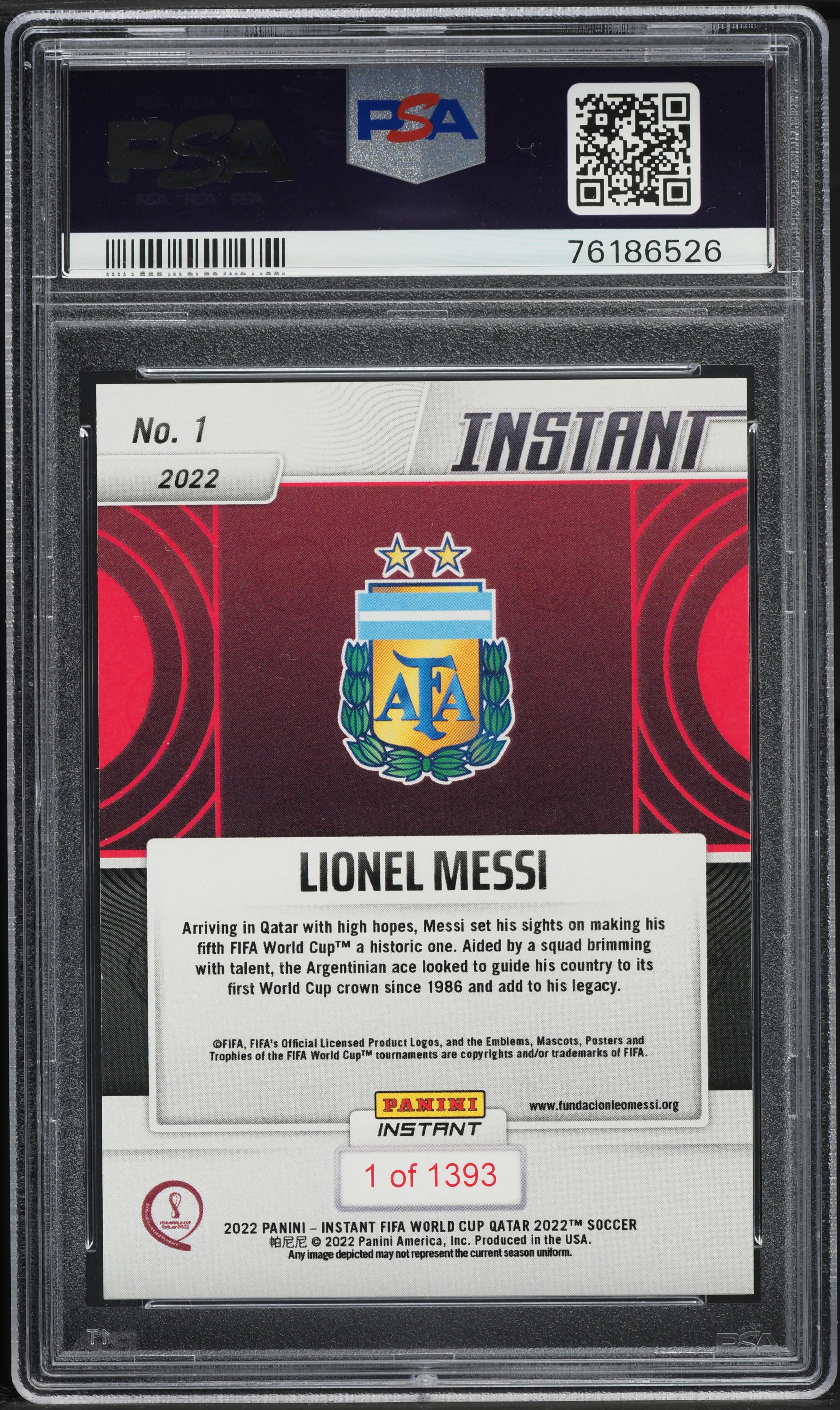 2022 Panini Instant FIFA World Cup Qatar Lionel Messi /1393 #1 PSA