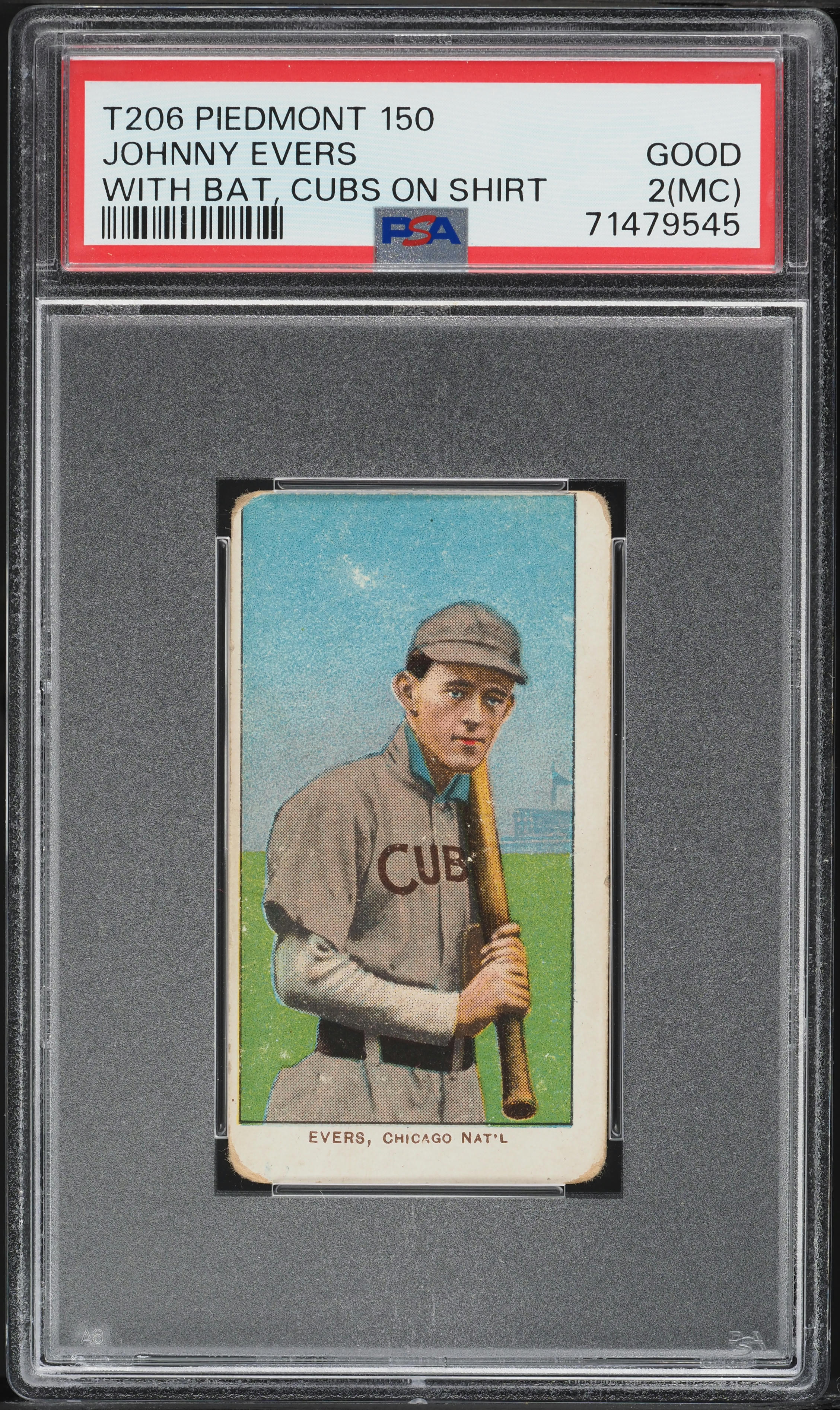 1909-11 T206 Johnny Evers WITH BAT, CUBS ON SHIRT PSA 2(mc) GD