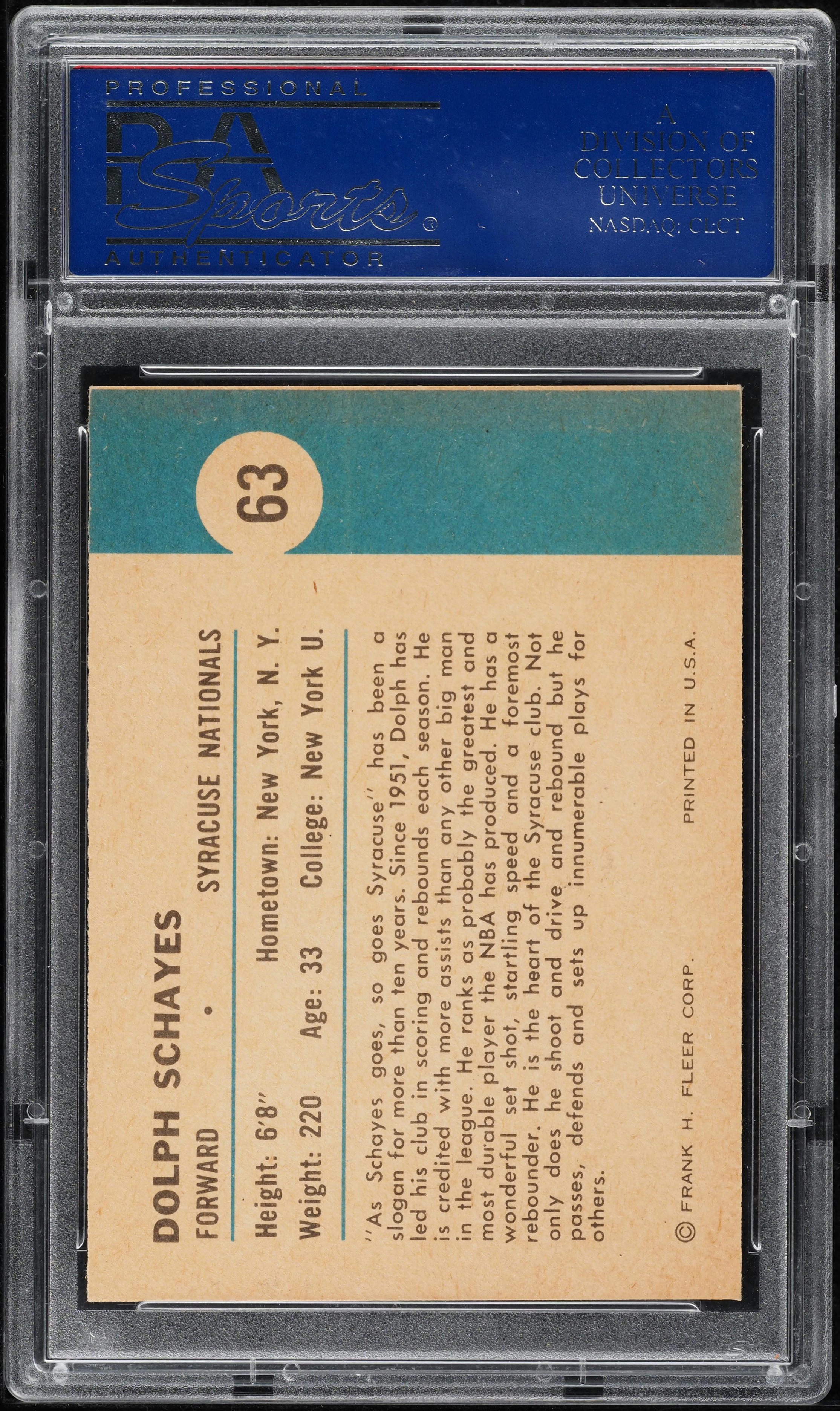 1961 Fleer Basketball Dolph Schayes IN ACTION #63 PSA 8 NM-MT