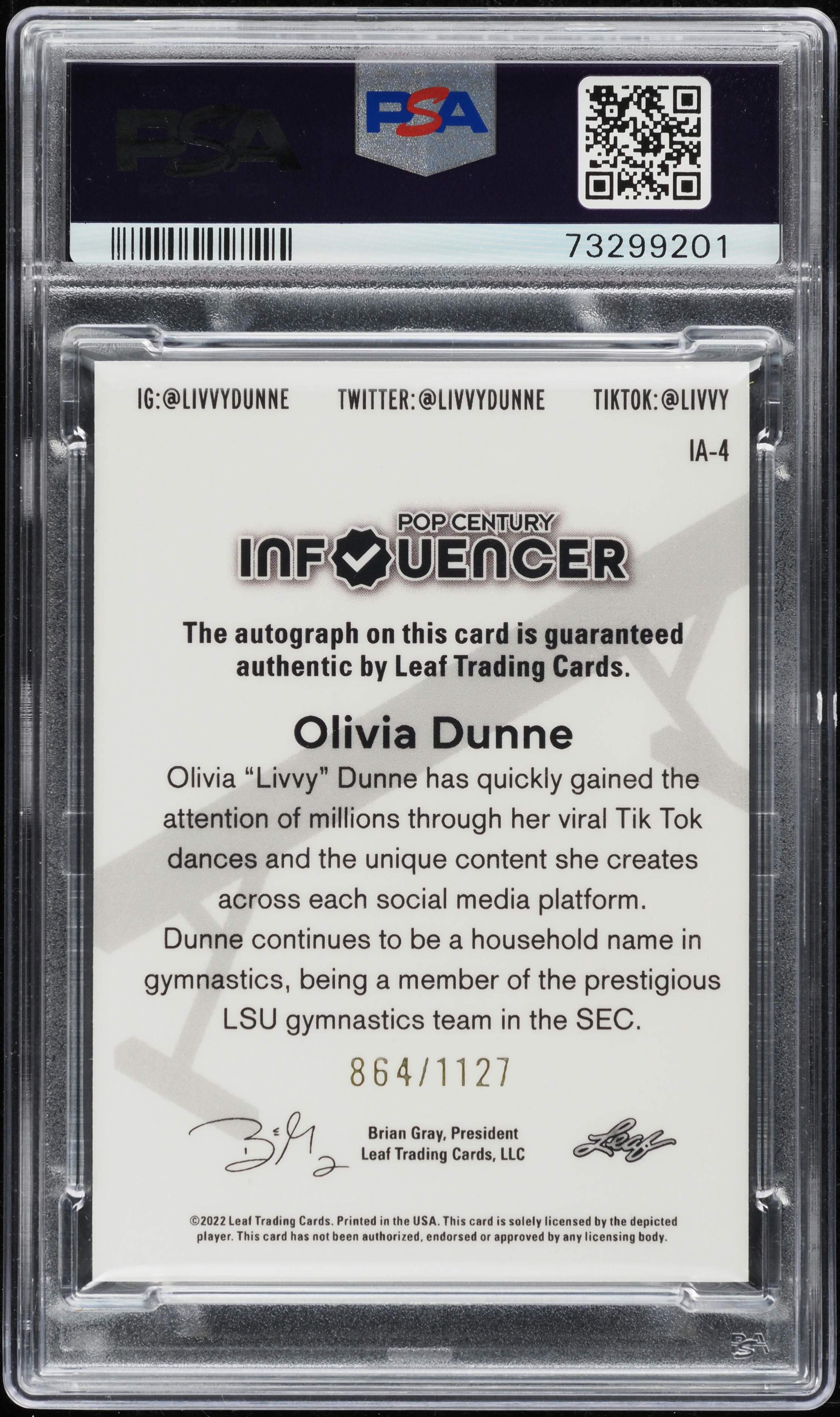 2022 Leaf Pop Century Influencer Olivia Dunne AUTO /1127 #IA-4 PSA 10 GEM MINT