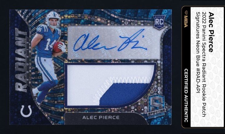 2022 Panini Spectra Radiant Neon Blue Alec Pierce ROOKIE PATCH AUTO /50 MBA AUTH